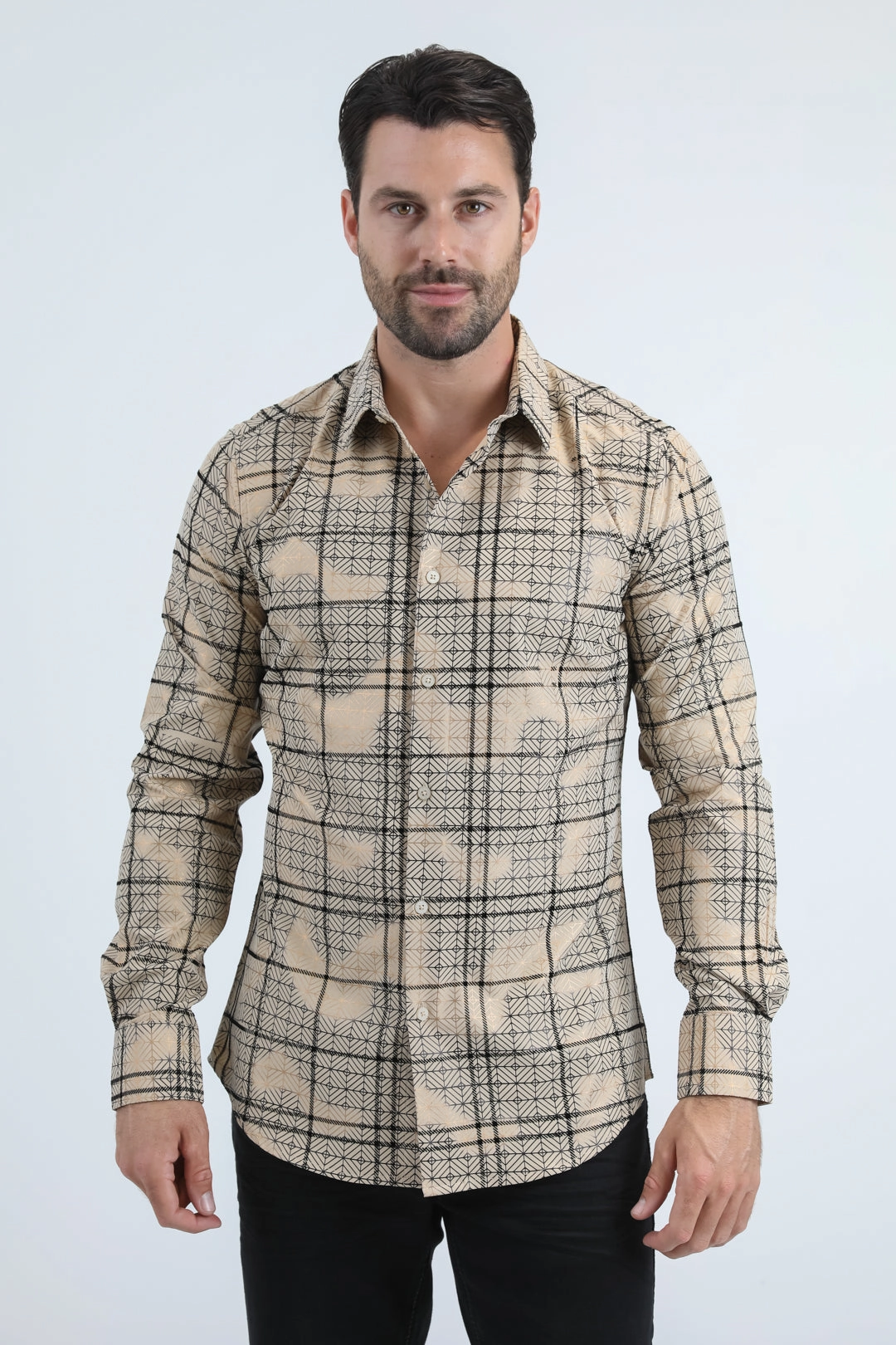 Men's Flocked Modern Fit Spandex Beige Shirt Polished Placket Sporty Appeal