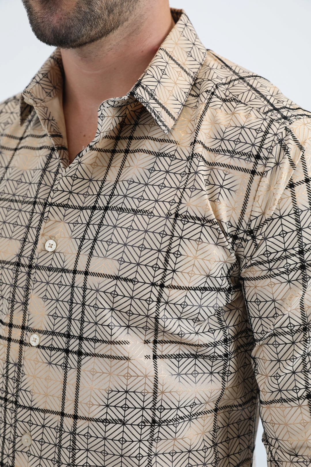 Adjustable Cuffs Men's Flocked Modern Fit Spandex Beige Shirt