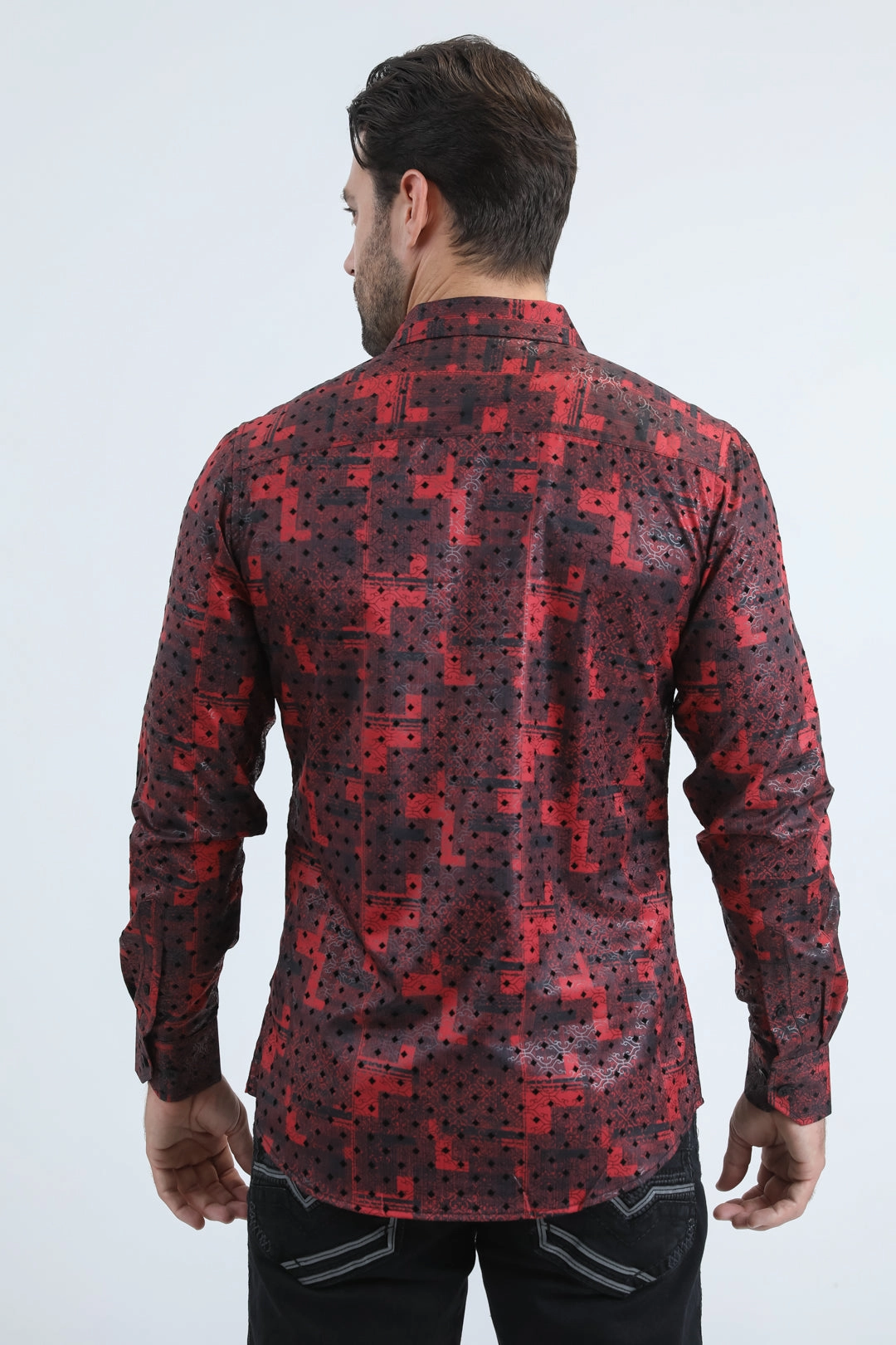 Stretchable Fabric Timeless Classic Men's Flocked Modern Fit Spandex Red Shirt