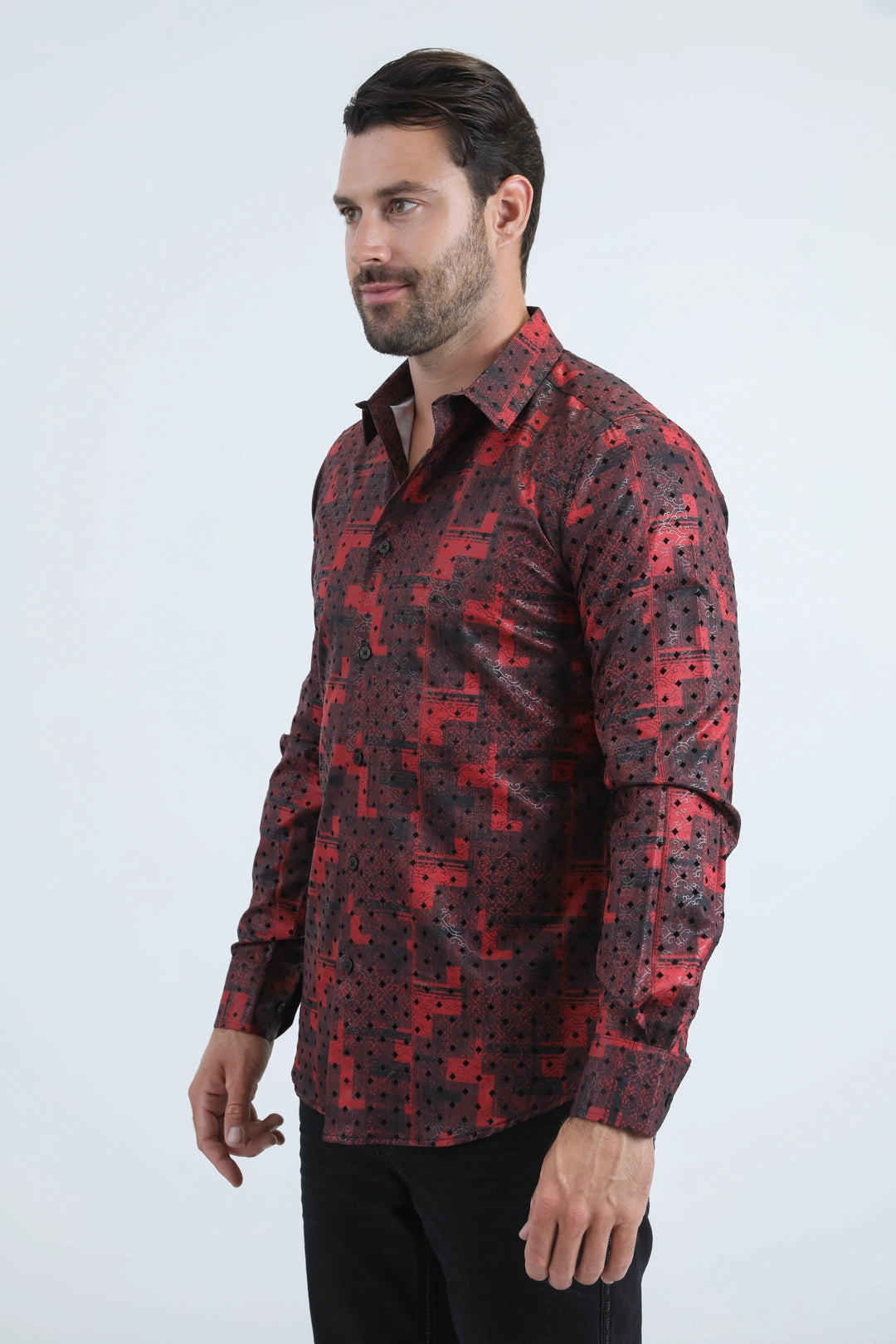 Premium Finish Men's Flocked Modern Fit Spandex Red Shirt