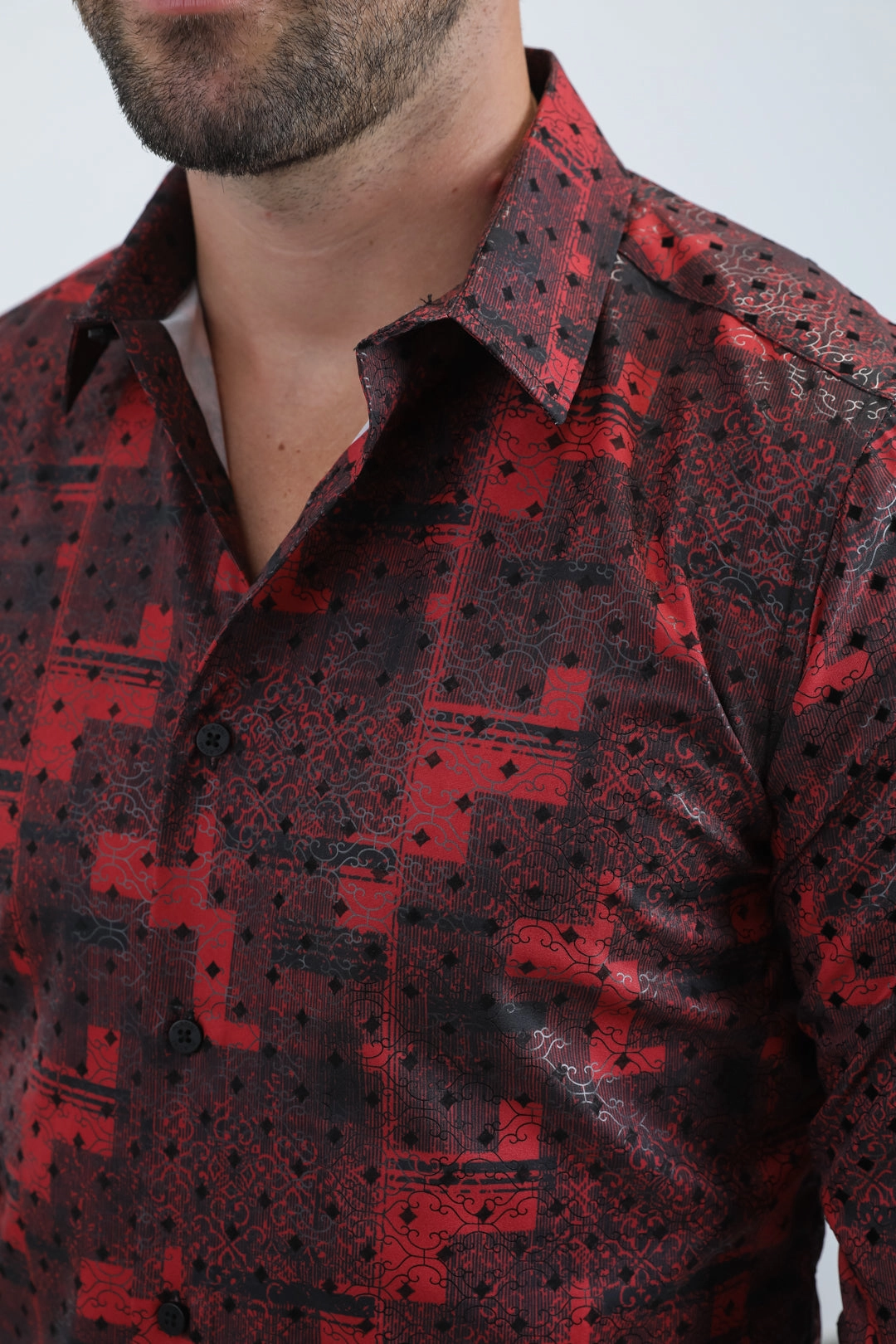 Men's Flocked Modern Fit Spandex Red Shirt Hypoallergenic Lining