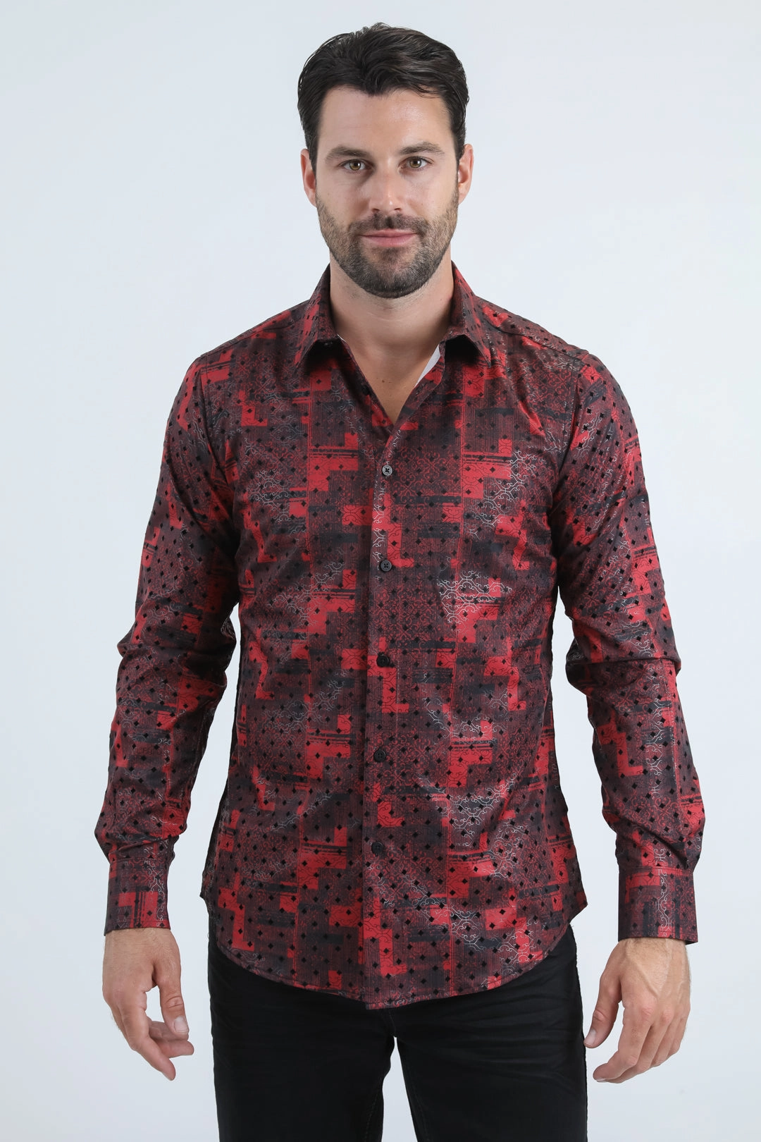 Tall Option Men's Flocked Modern Fit Spandex Red Shirt