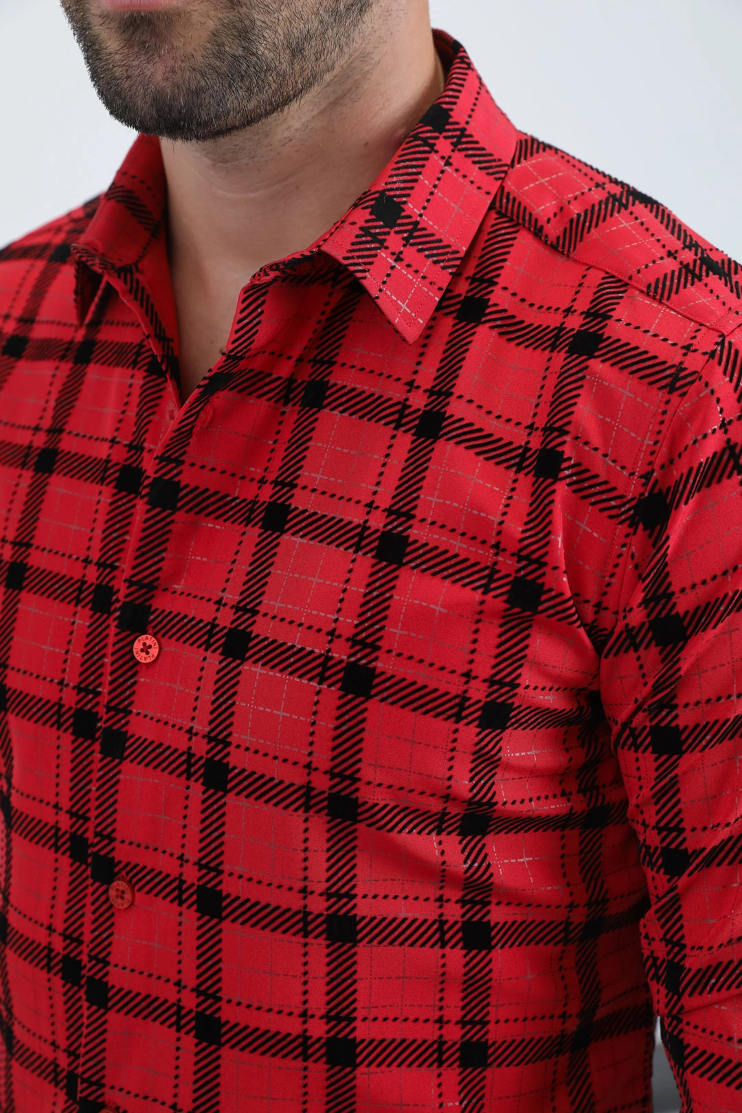 Men's Flocked Modern Fit Spandex Red Shirt Functional Wear Stretchy Cloth