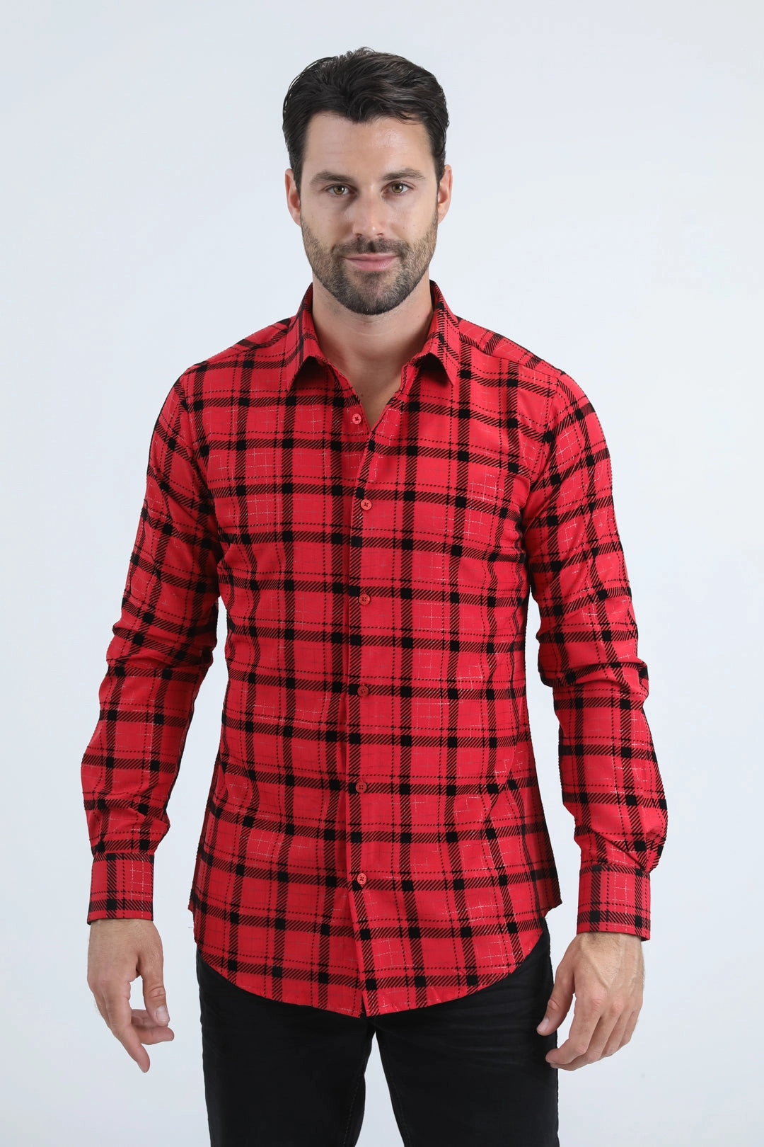 Men's Flocked Modern Fit Spandex Red Shirt Tall Option