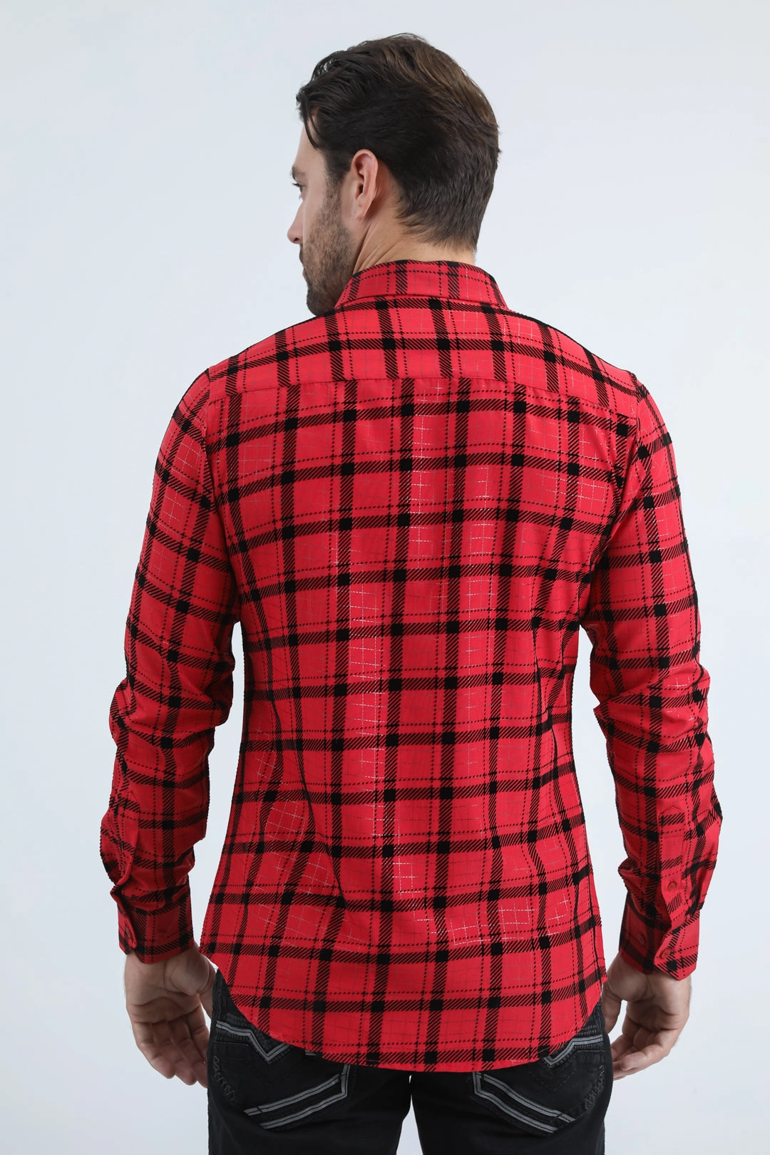 Reinforced Collar Men's Flocked Modern Fit Spandex Red Shirt