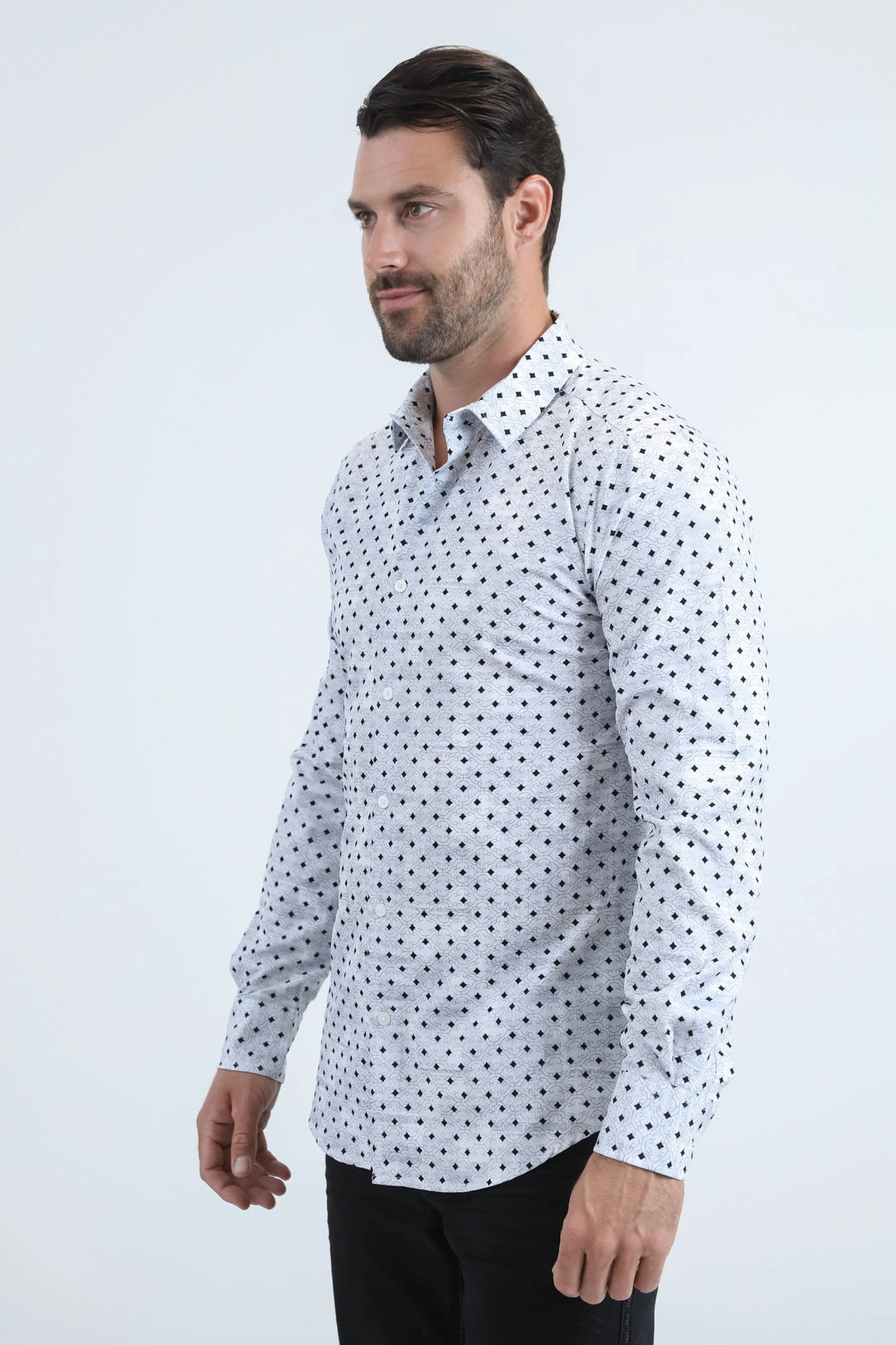 Casual Elegance Sleek Silhouette Men's Flocked Modern Fit Spandex White Shirt