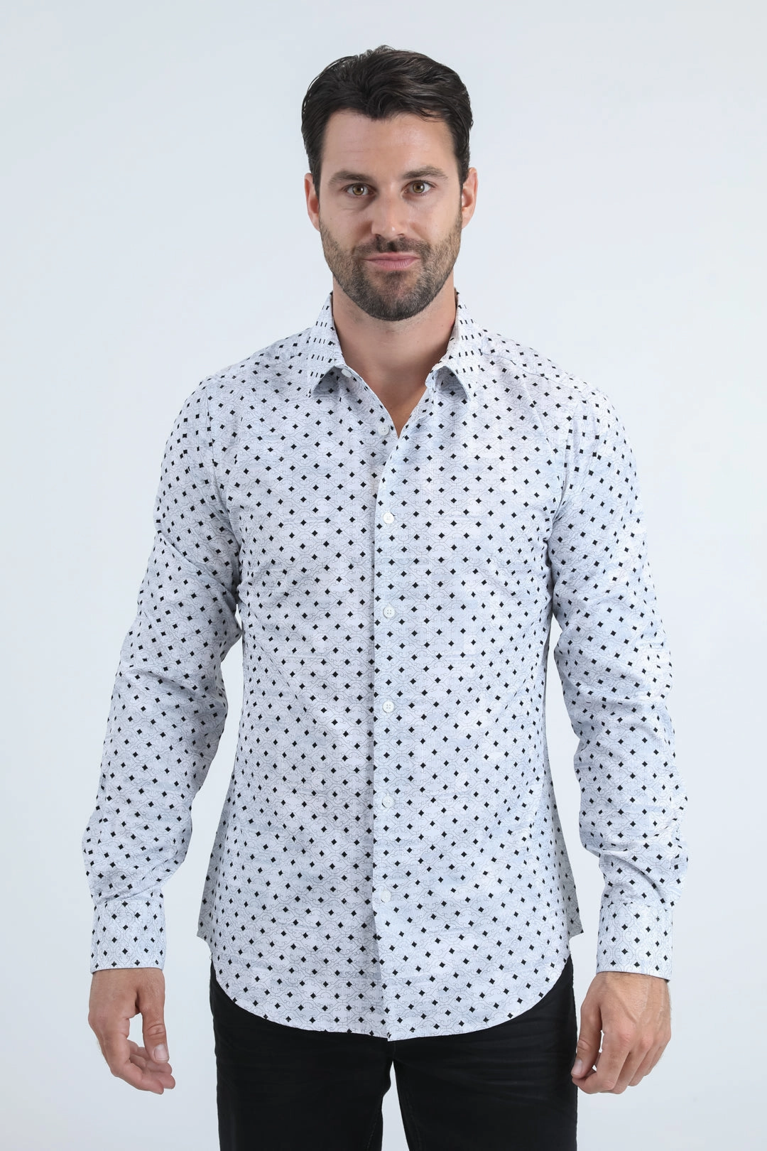 High-End Finish Mesh Insert Men's Flocked Modern Fit Spandex White Shirt