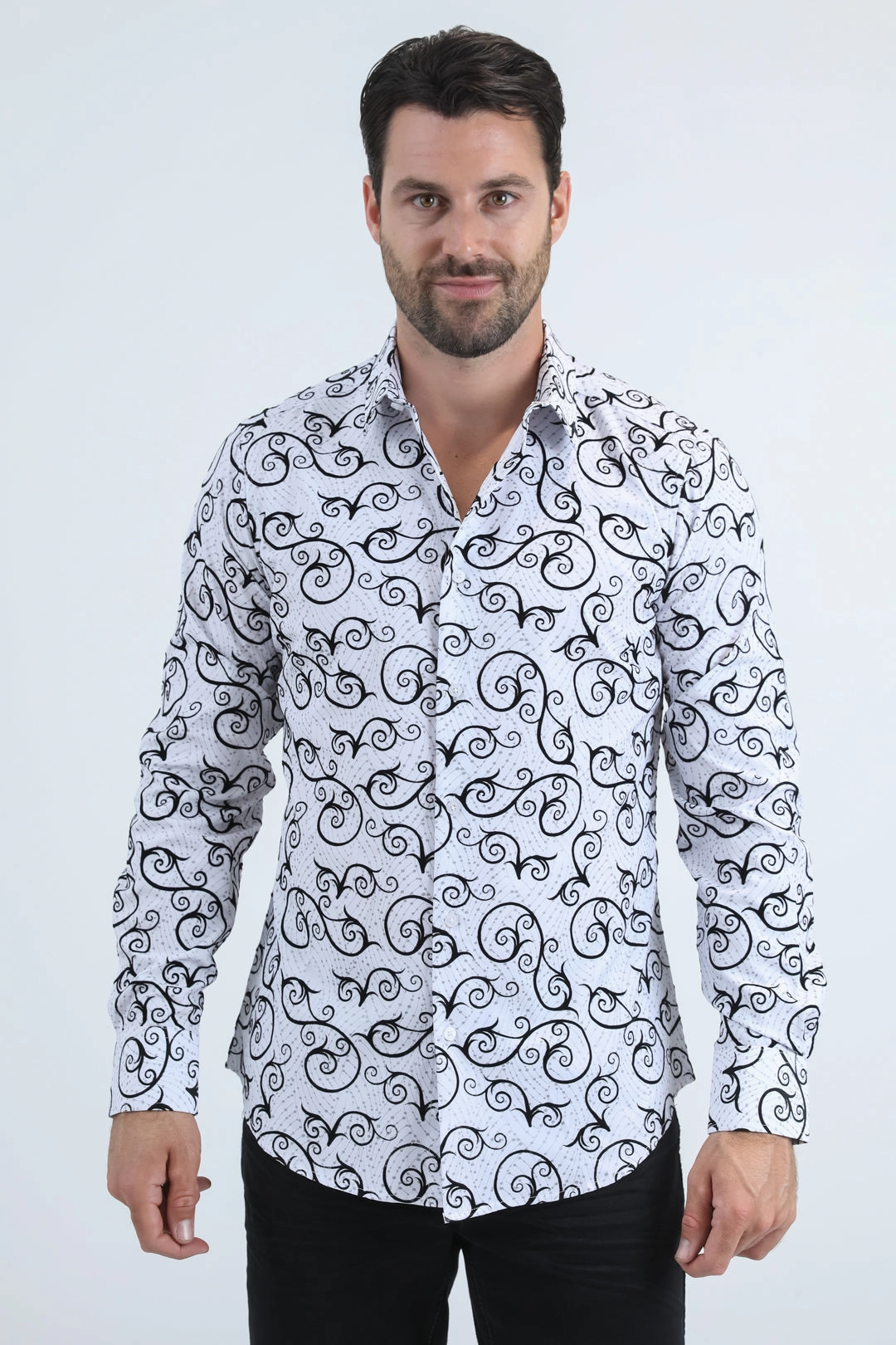 Non Irritating Seams Men's Flocked Modern Fit Spandex White Shirt