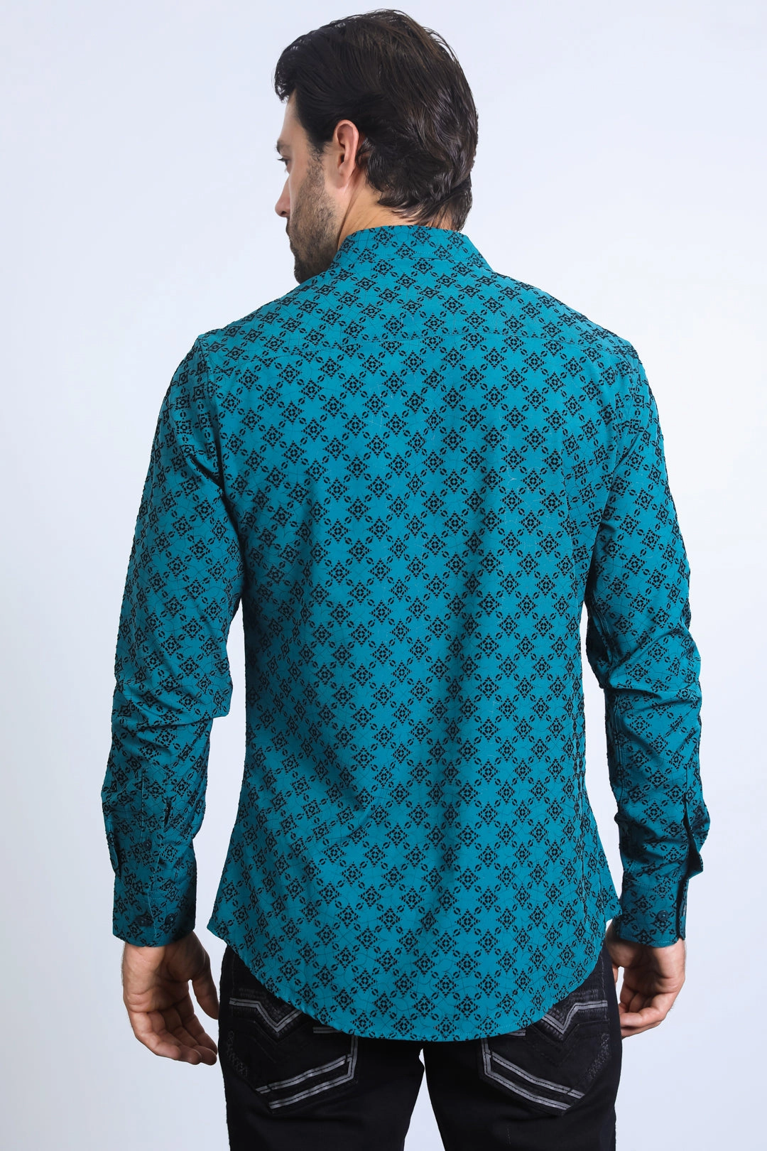 Gift Idea Men's Flocked Style Modern Fit Spandex Teal Shirt