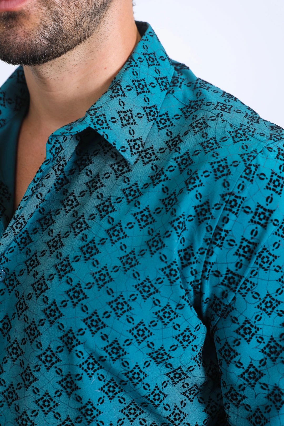 Men's Flocked Style Modern Fit Spandex Teal Shirt Geometric Design