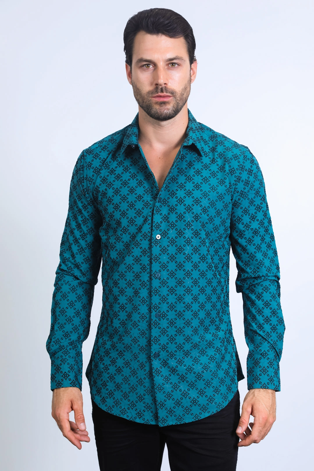 Beach Attire Stretchy Cloth Men's Flocked Style Modern Fit Spandex Teal Shirt