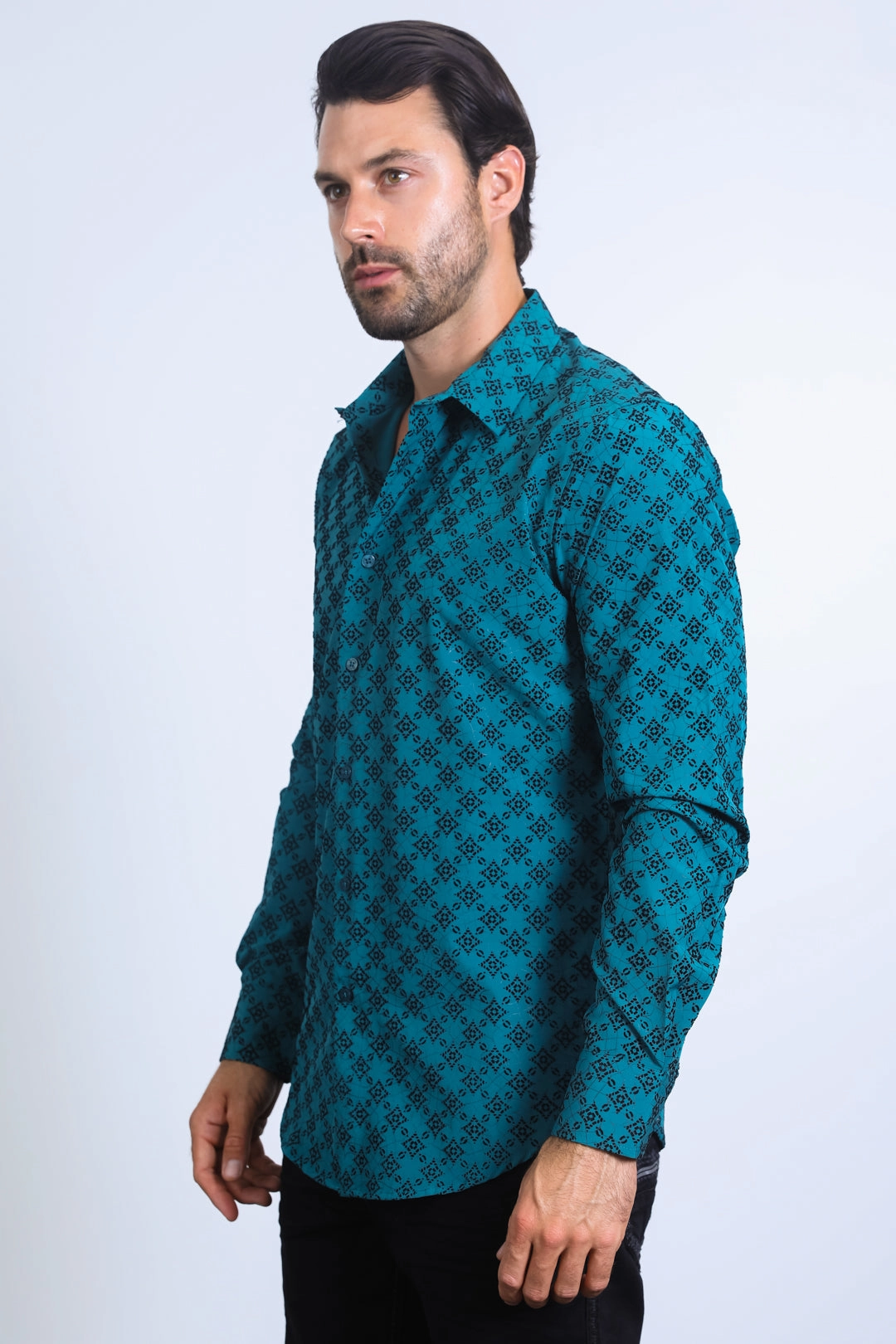 Men's Flocked Style Modern Fit Spandex Teal Shirt Smooth Stitch Pattern Gradient effect