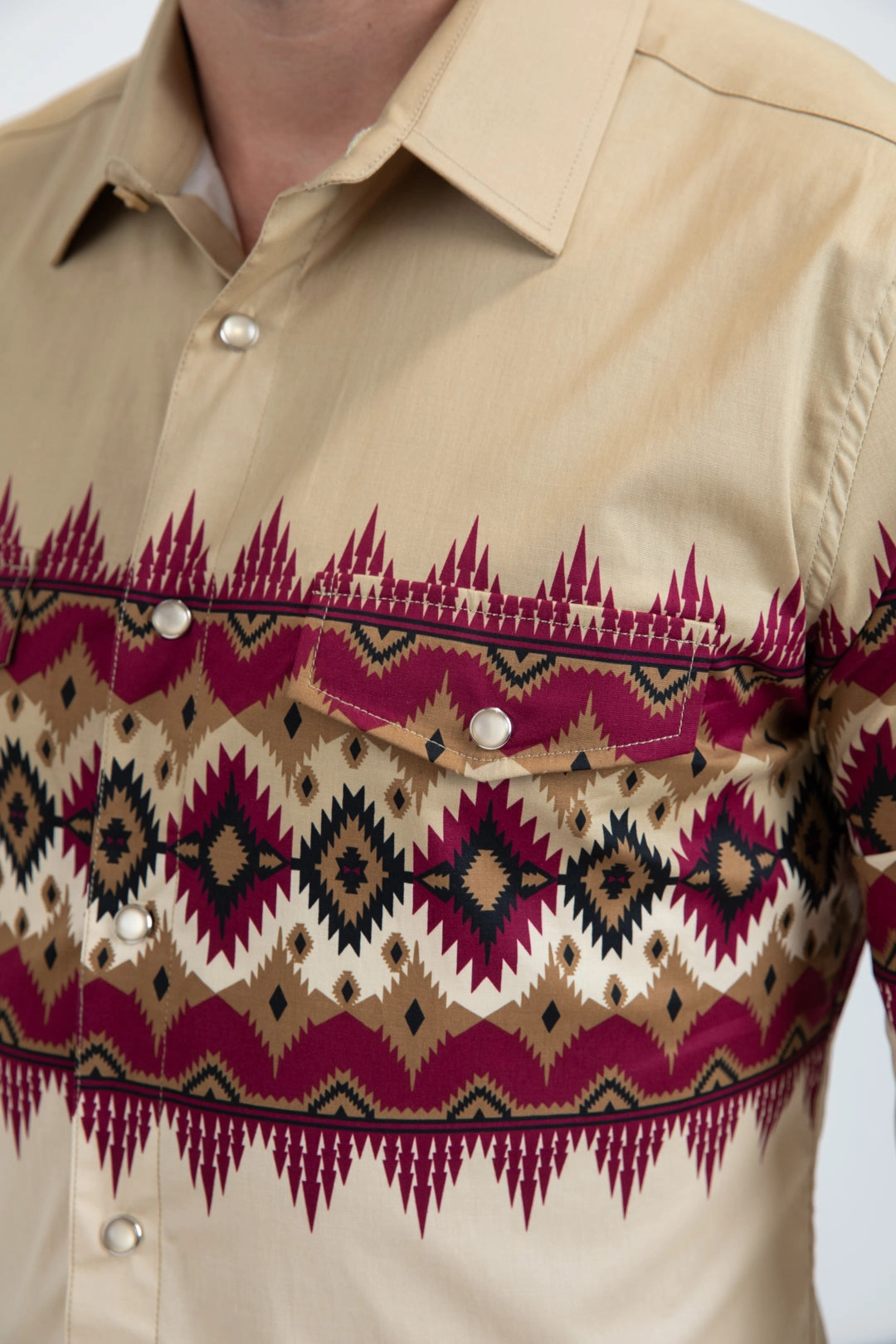 Functional Wear Active Lifestyle Men's Modern Fit Cotton Stretch Rodeo Panoramic Print Beige Shirt