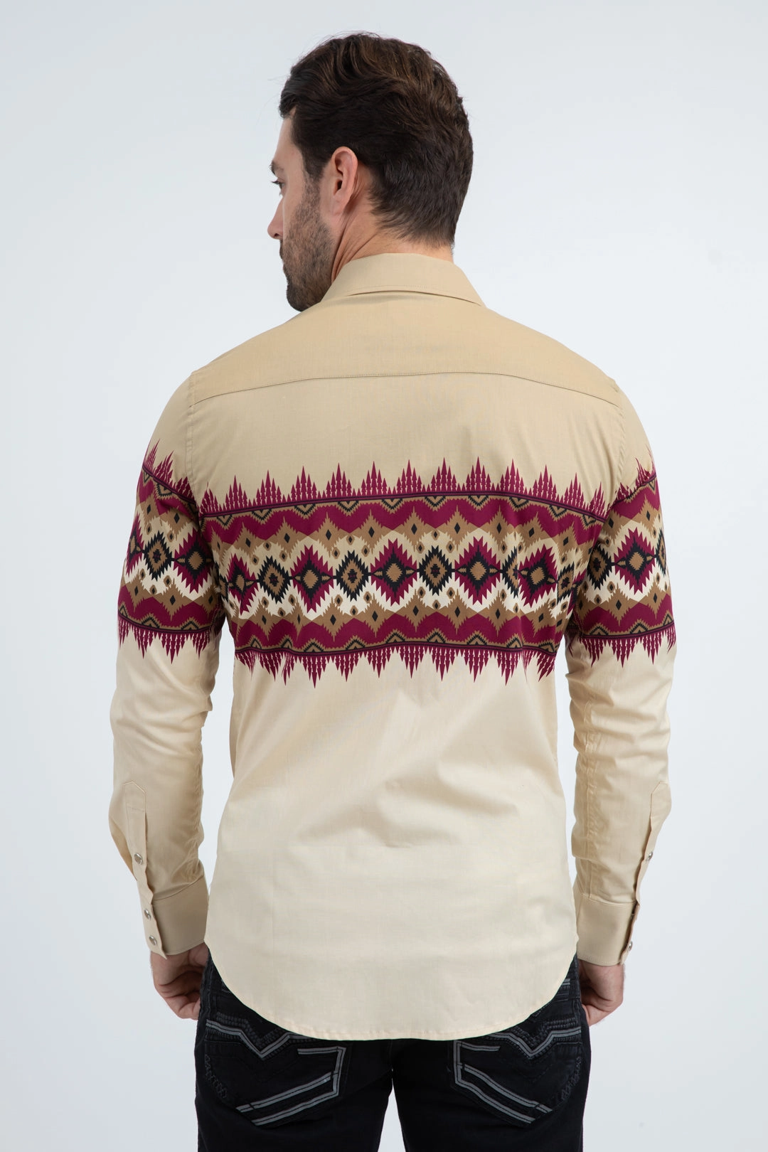 Lightweight Feel Men's Modern Fit Cotton Stretch Rodeo Panoramic Print Beige Shirt