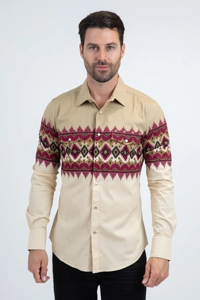 All-Occasion Wear Men's Modern Fit Cotton Stretch Rodeo Panoramic Print Beige Shirt