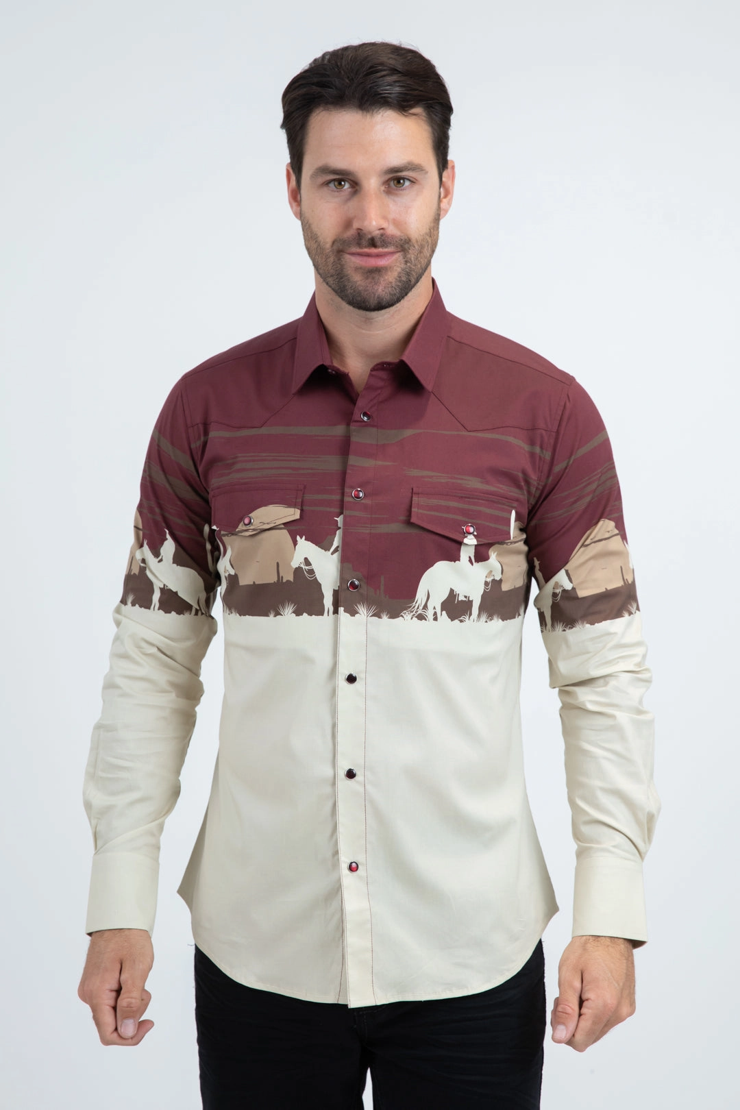 Conference Appropriate Summer Camp Men's Modern Fit Cotton Stretch Rodeo Panoramic Print Beige Shirt