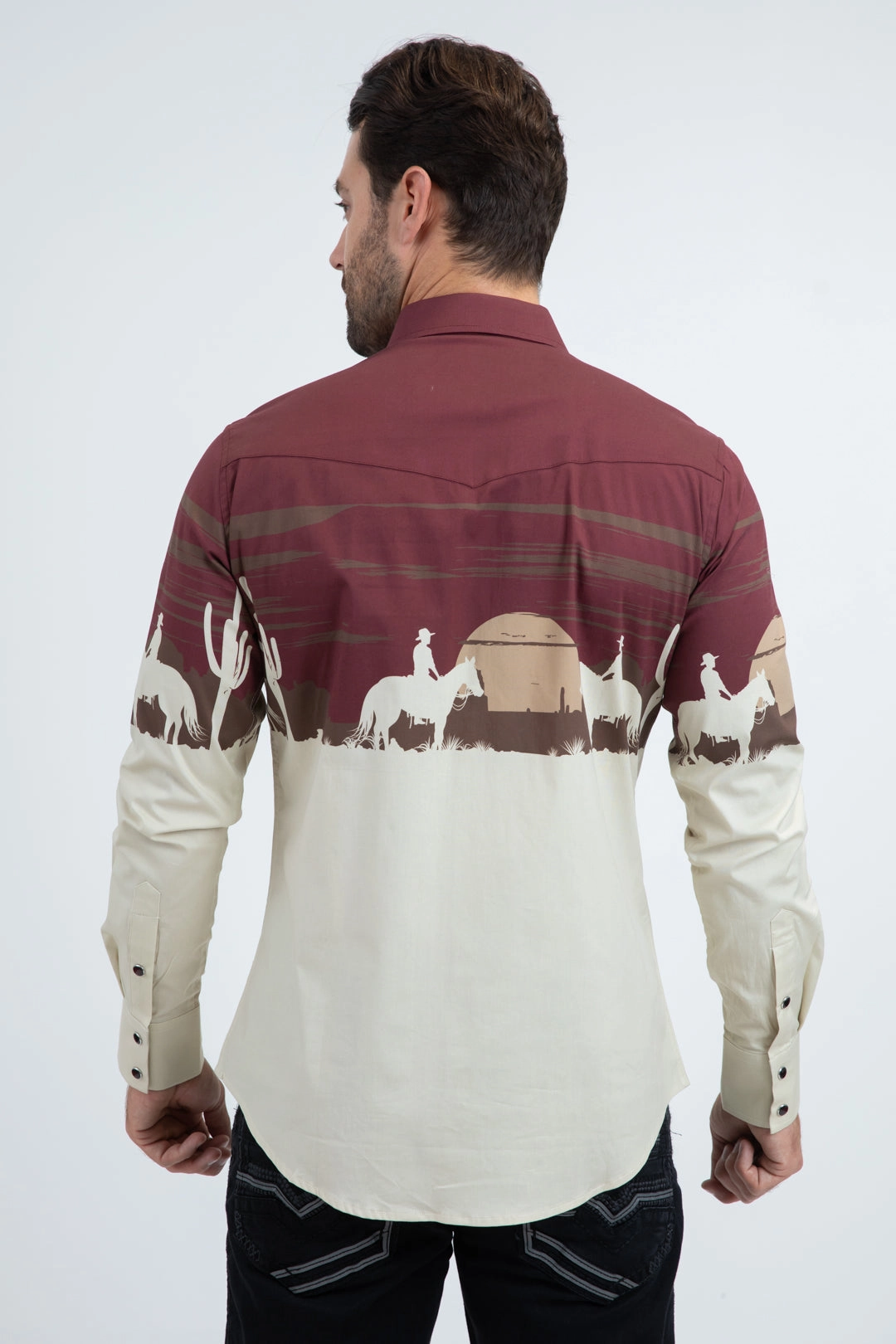 Men's Modern Fit Cotton Stretch Rodeo Panoramic Print Beige Shirt Quick-Dry Casual Fit