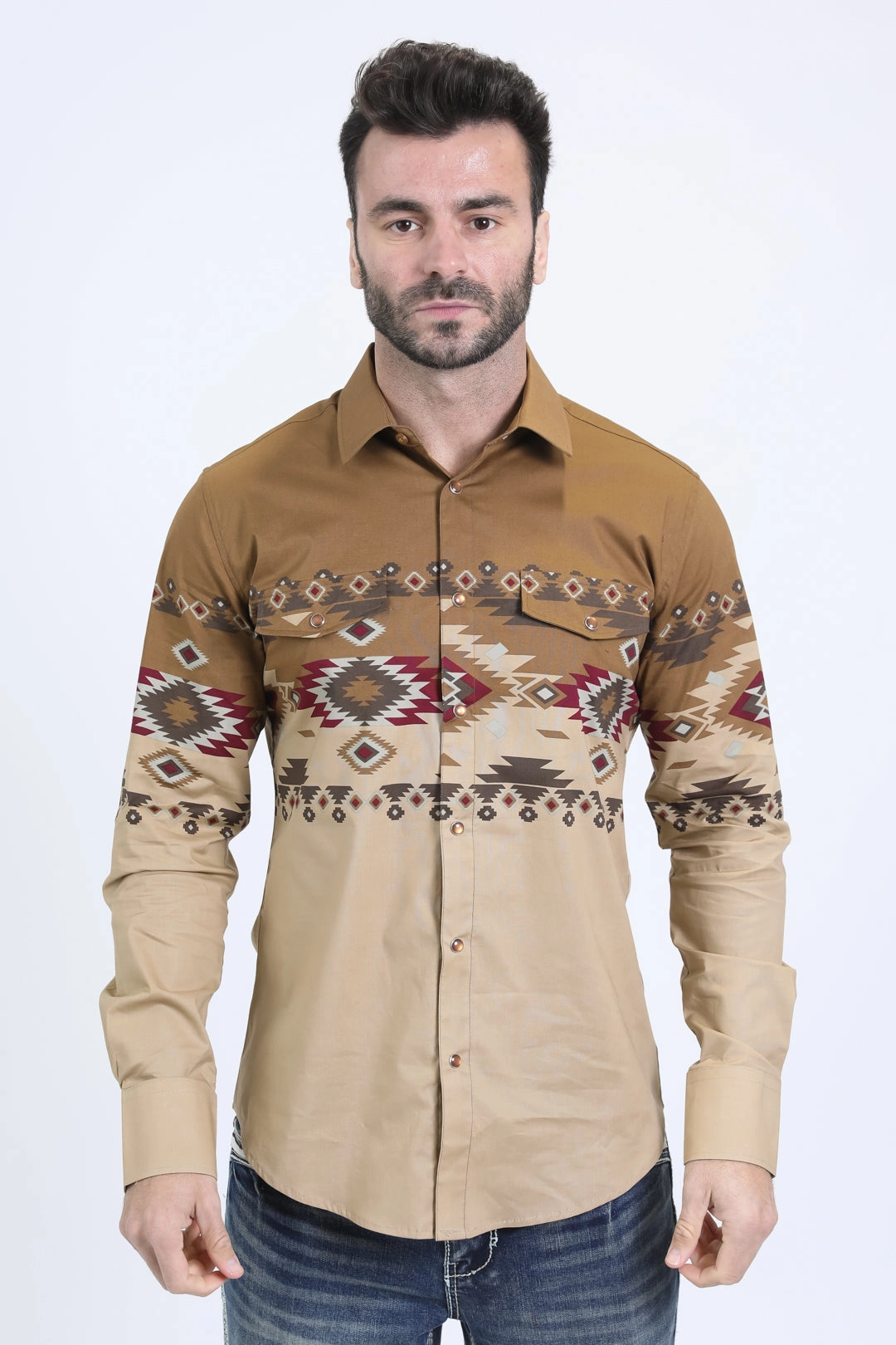Men's Modern Fit Cotton Stretch Rodeo Panoramic Print Beige Shirt Ultra Soft Interior