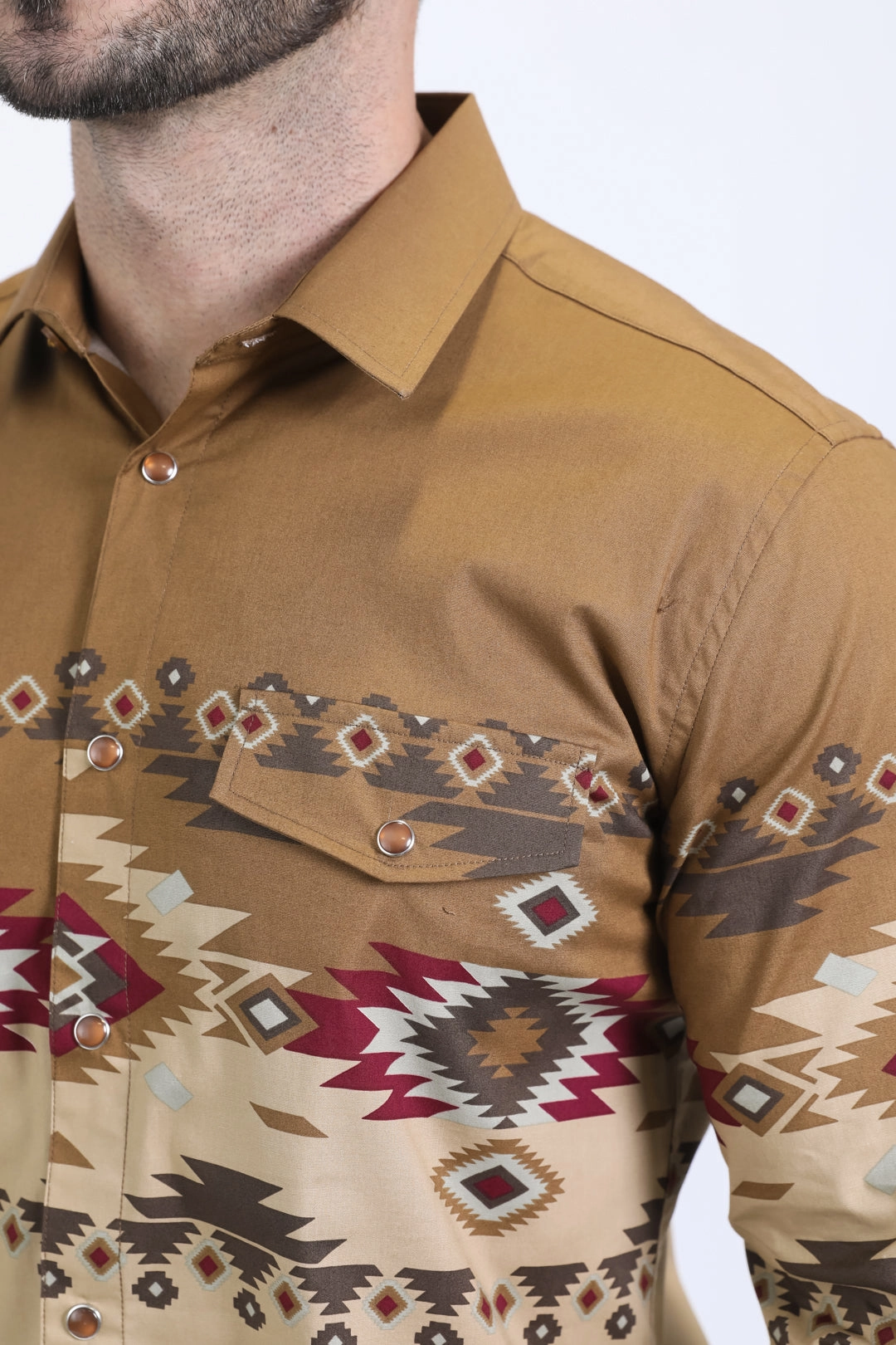 Men's Modern Fit Cotton Stretch Rodeo Panoramic Print Beige Shirt Flatlock stitching Comfy Look