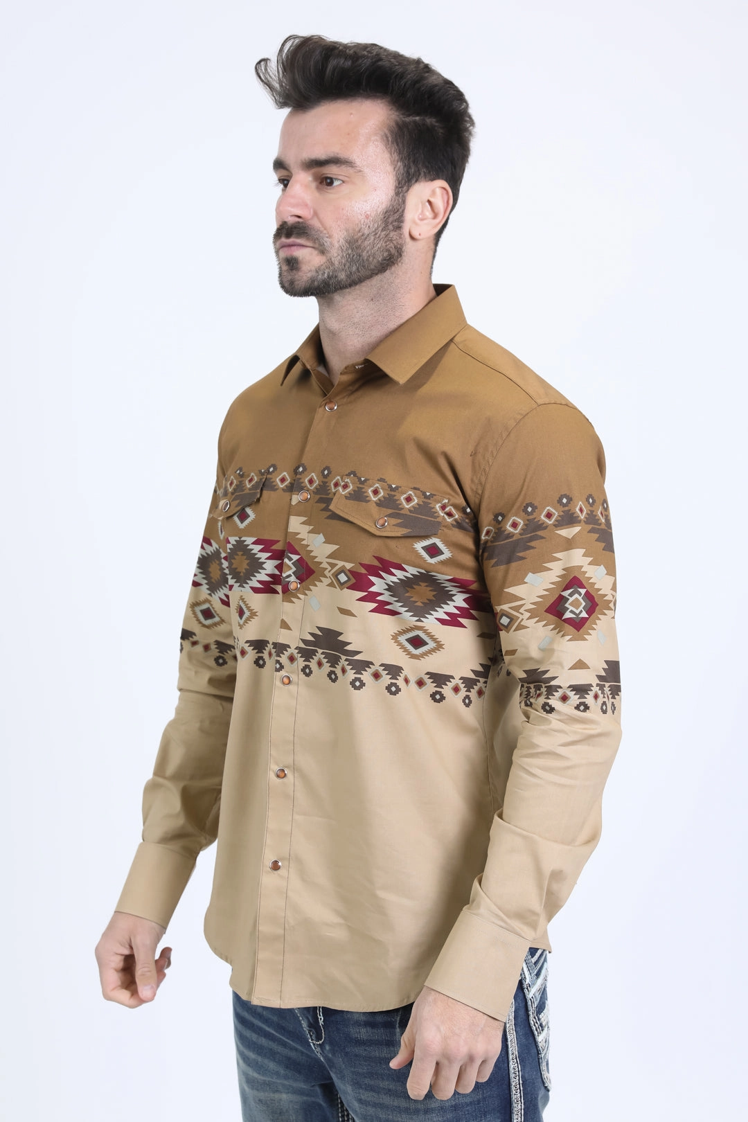 Minimalist Closure Men's Modern Fit Cotton Stretch Rodeo Panoramic Print Beige Shirt