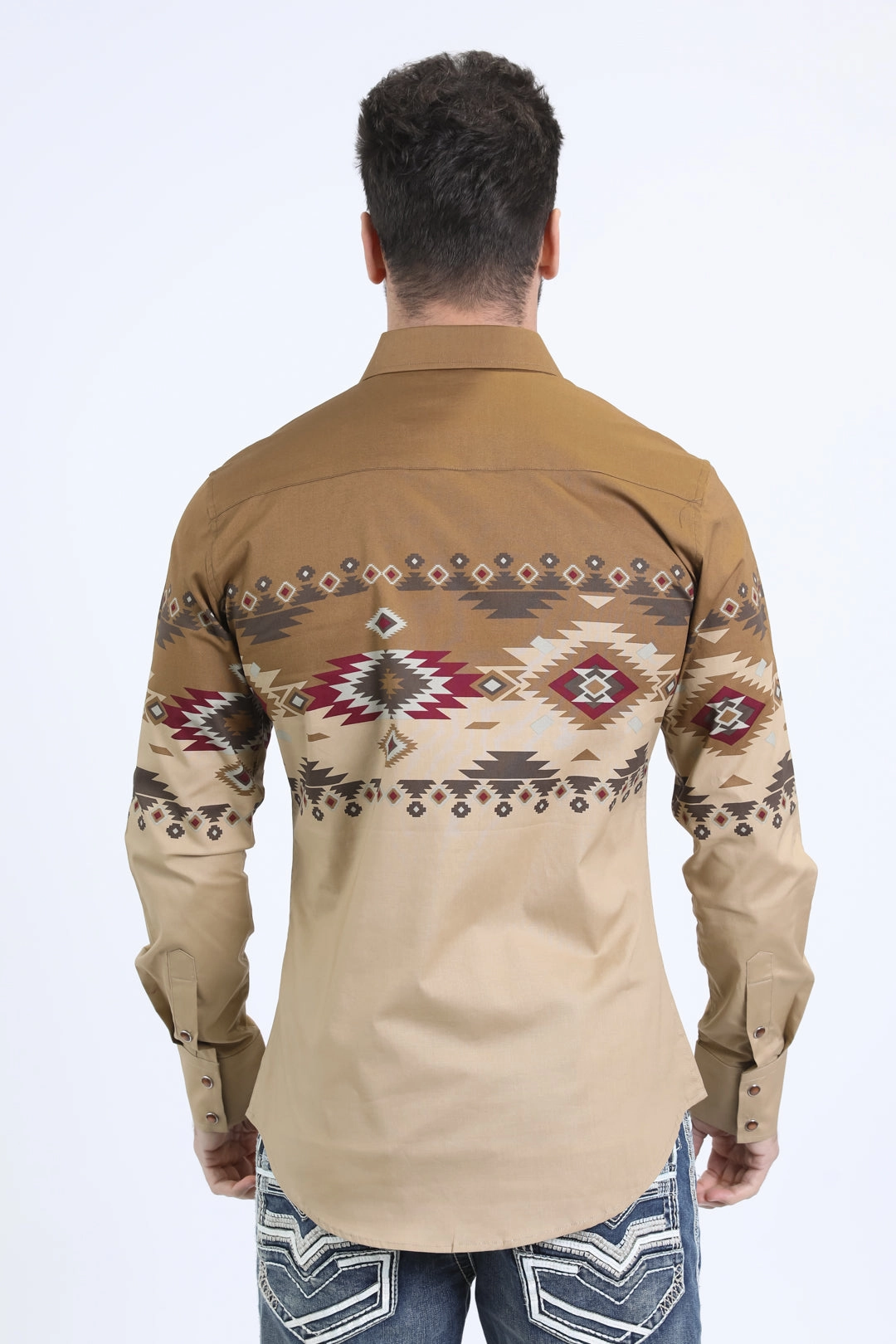 Patterned Texture Men's Modern Fit Cotton Stretch Rodeo Panoramic Print Beige Shirt