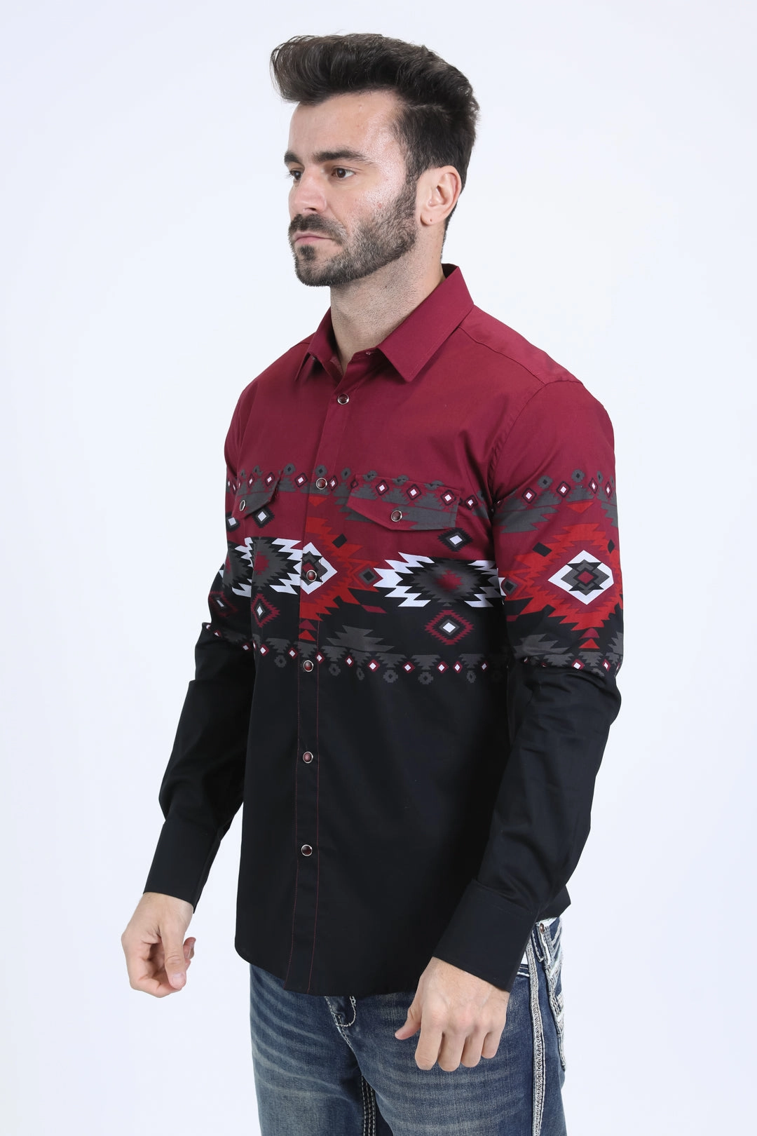 BBQ Party Men's Modern Fit Cotton Stretch Rodeo Panoramic Print Black Shirt