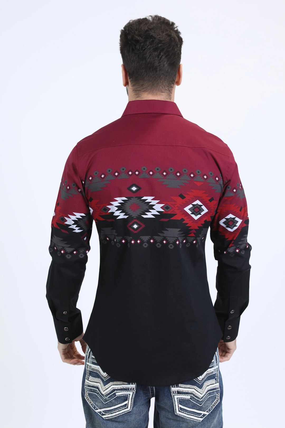 Adjustable Cuffs Men's Modern Fit Cotton Stretch Rodeo Panoramic Print Black Shirt