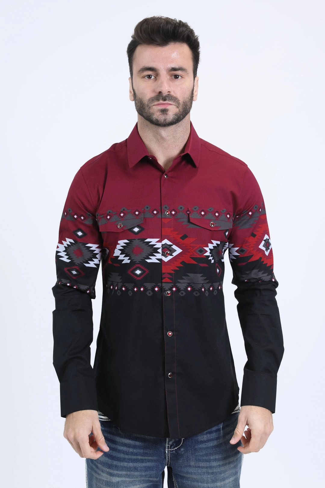 Men's Modern Fit Cotton Stretch Rodeo Panoramic Print Black Shirt Polished Finish