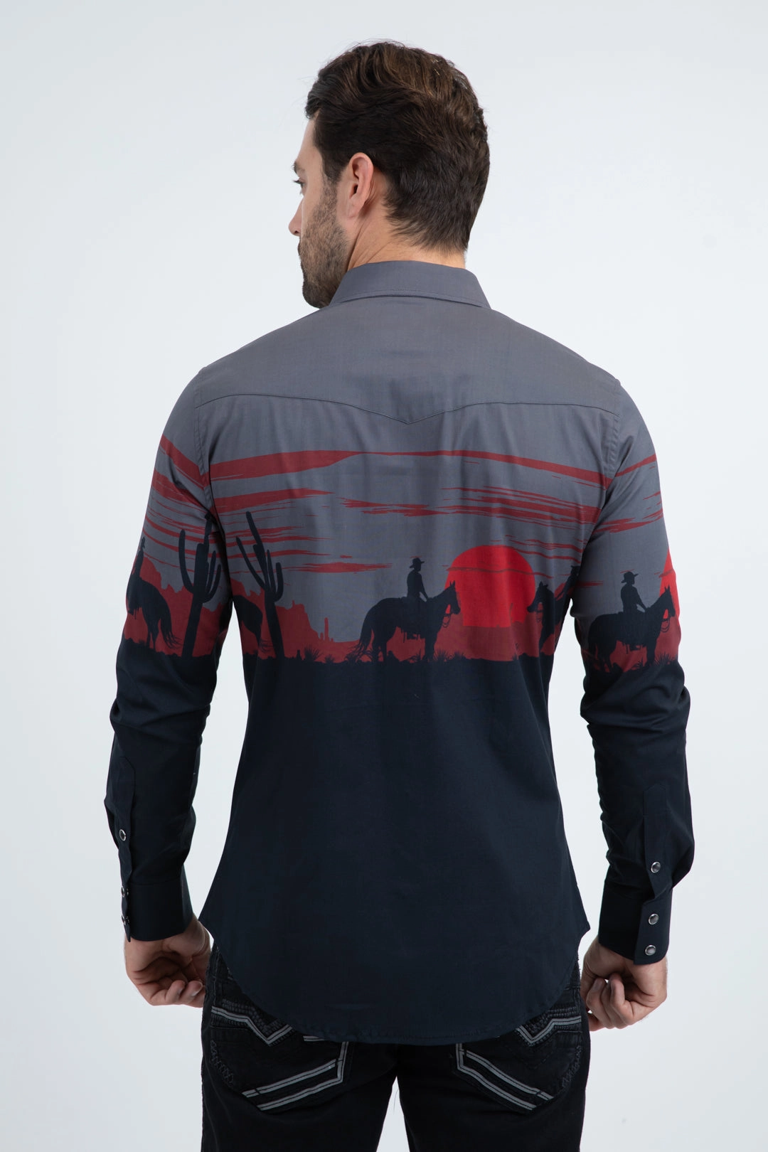 Men's Modern Fit Cotton Stretch Rodeo Panoramic Print Black Shirt Timeless Fit Functional Pocket