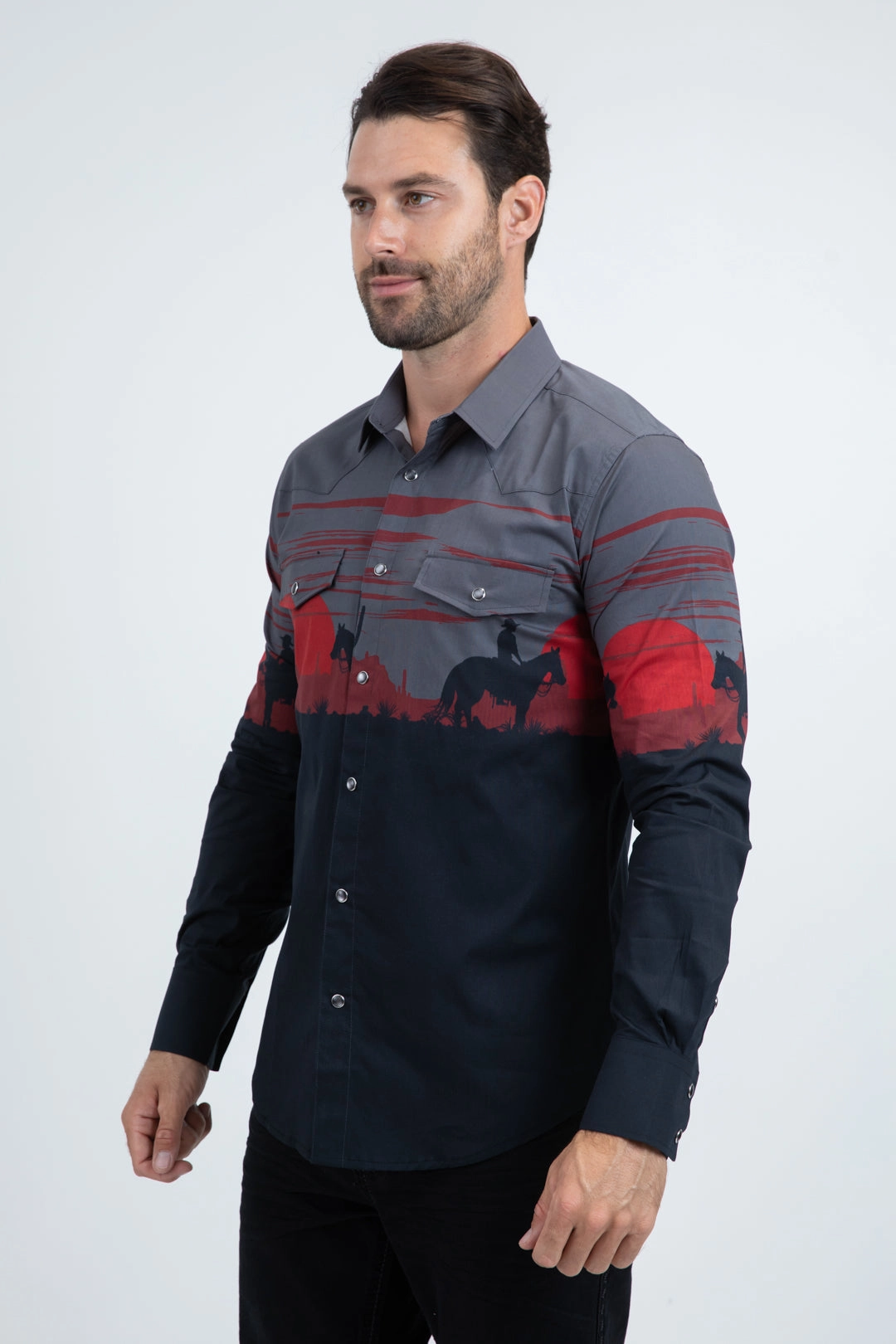 Men's Modern Fit Cotton Stretch Rodeo Panoramic Print Black Shirt Relaxed Comfort Active Wear