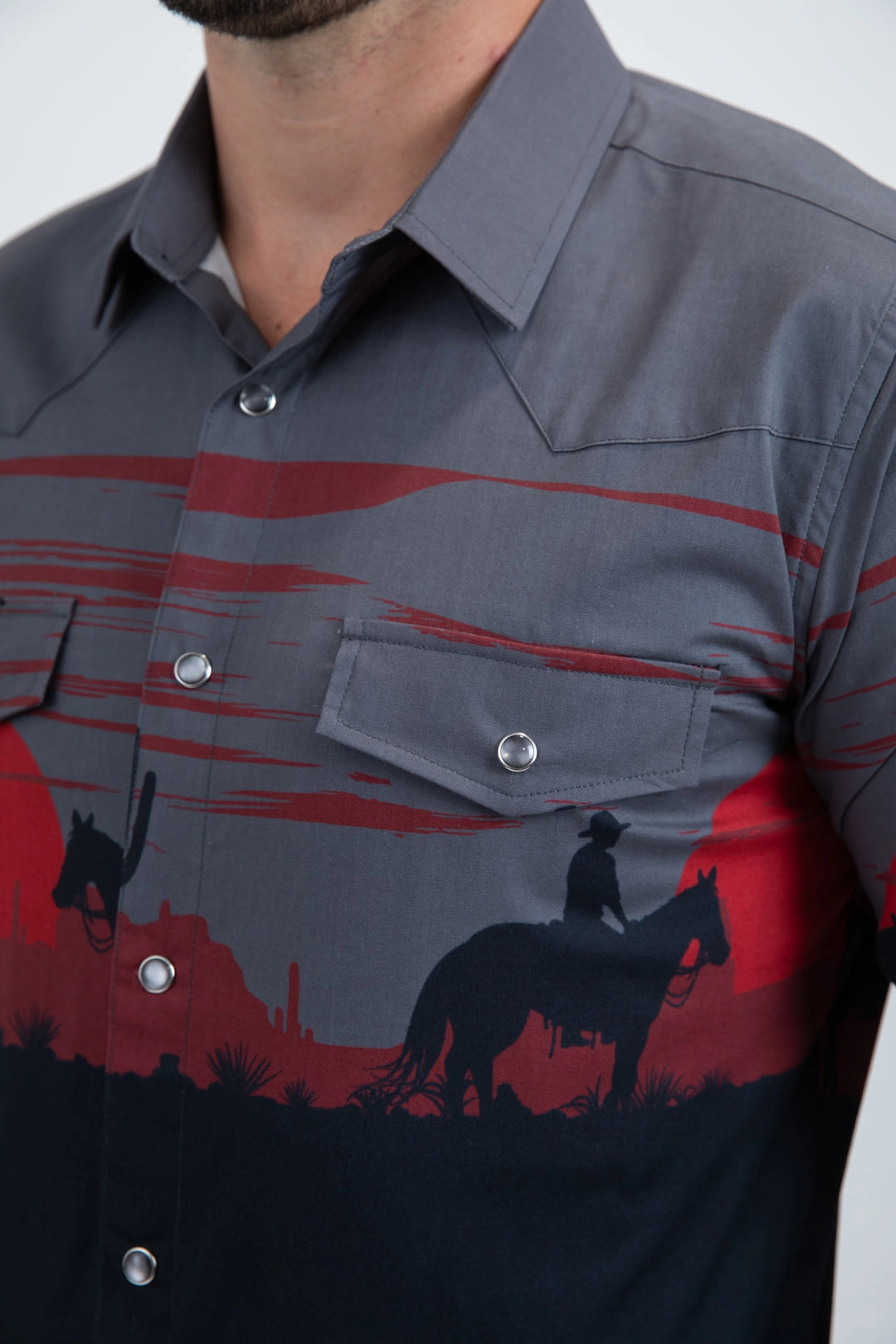 Urban Fashion High-End Finish Men's Modern Fit Cotton Stretch Rodeo Panoramic Print Black Shirt