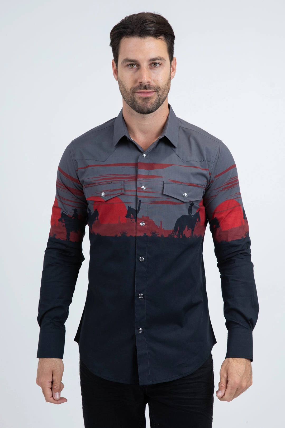 Layering Piece Urban Trend Men's Modern Fit Cotton Stretch Rodeo Panoramic Print Black Shirt