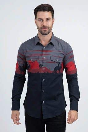 Layering Piece Urban Trend Men's Modern Fit Cotton Stretch Rodeo Panoramic Print Black Shirt