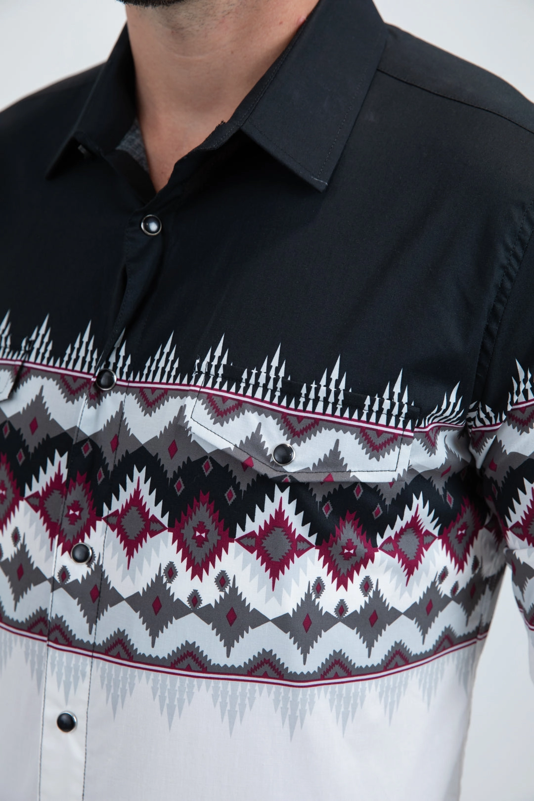 Men's Modern Fit Cotton Stretch Rodeo Panoramic Print White Shirt Quick Release Cuffs Polished Placket