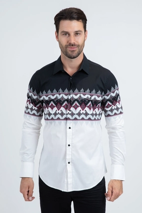 Unisex Option Men's Modern Fit Cotton Stretch Rodeo Panoramic Print White Shirt