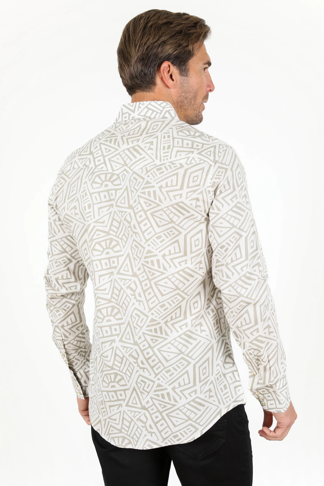 Men's Modern Fit Panoramic Aztec Print White Long Sleeve Shirt Stylish Comfort