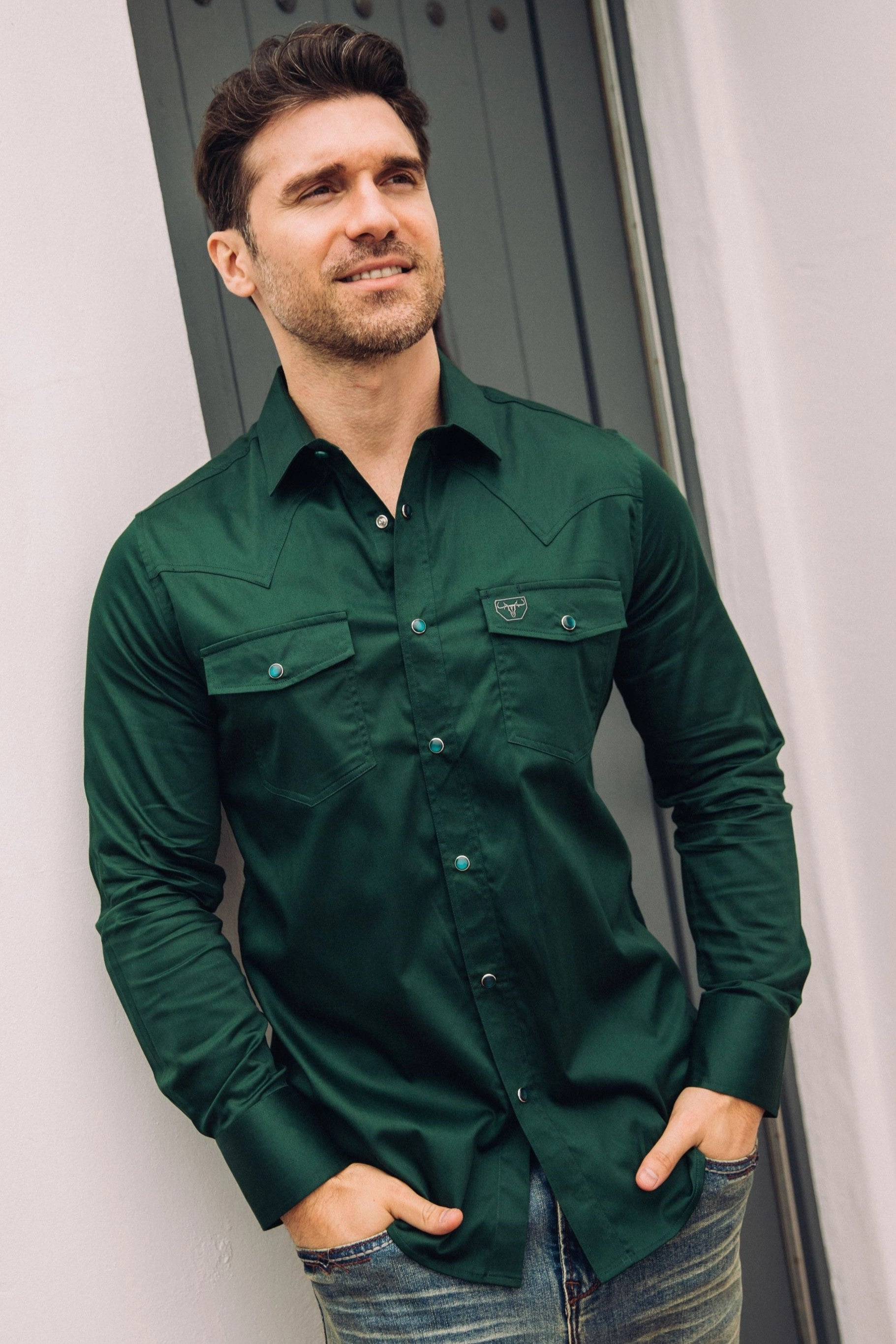 Simple Style Layered Design Men's Modern Fit Solid Green Dress Shirt
