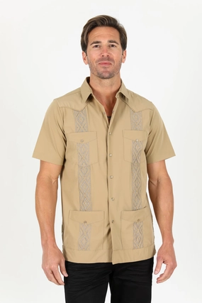 Men's Modern Khaki GUAYABERA Shirt Distressed finish Seamless Side Panels