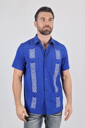 Men's Modern Royal Blue GUAYABERA Shirt Unstructured Shoulder youth trend