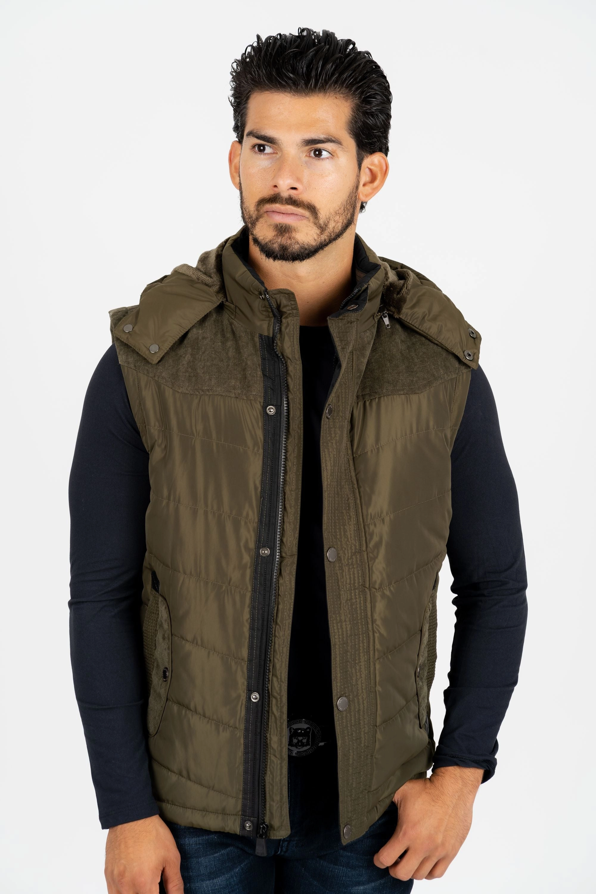 ripstop fabric Ultraviolet Protection Men's Olive Padded Hooded Vest w/ Faux Fur Lining