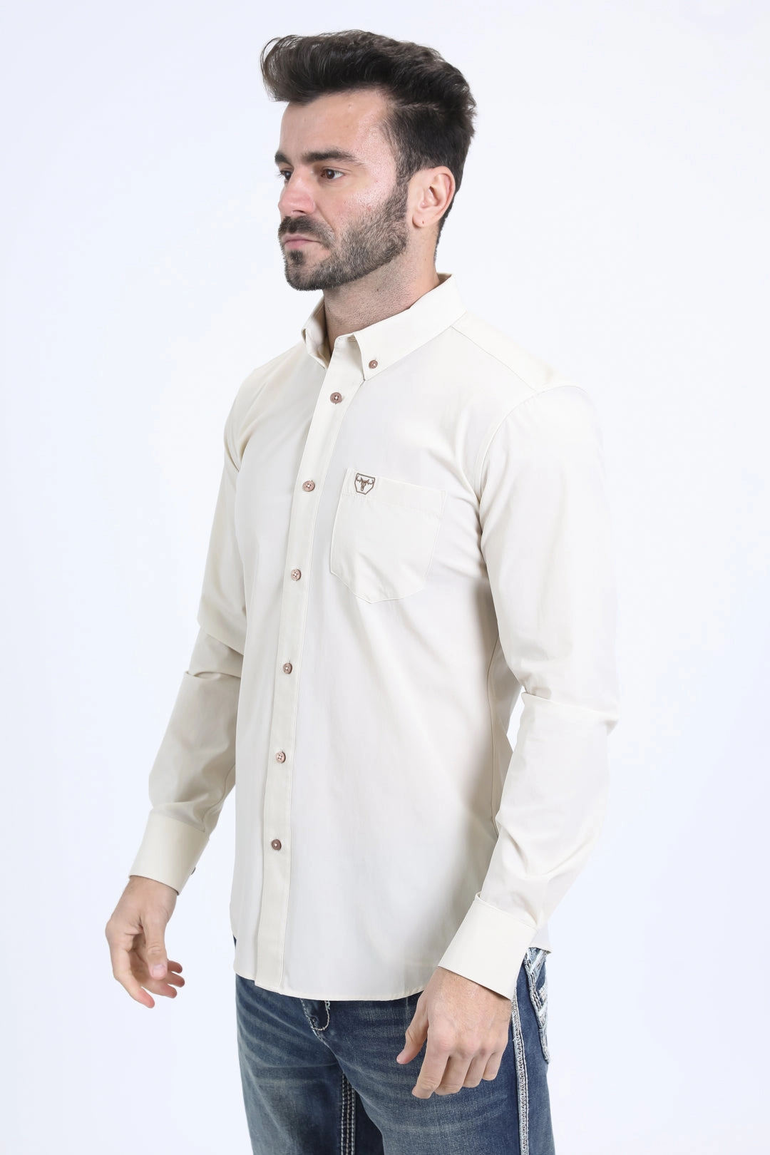 Functional Fashion Polished Finish Men's Performance Long Sleeve Beige Shirt