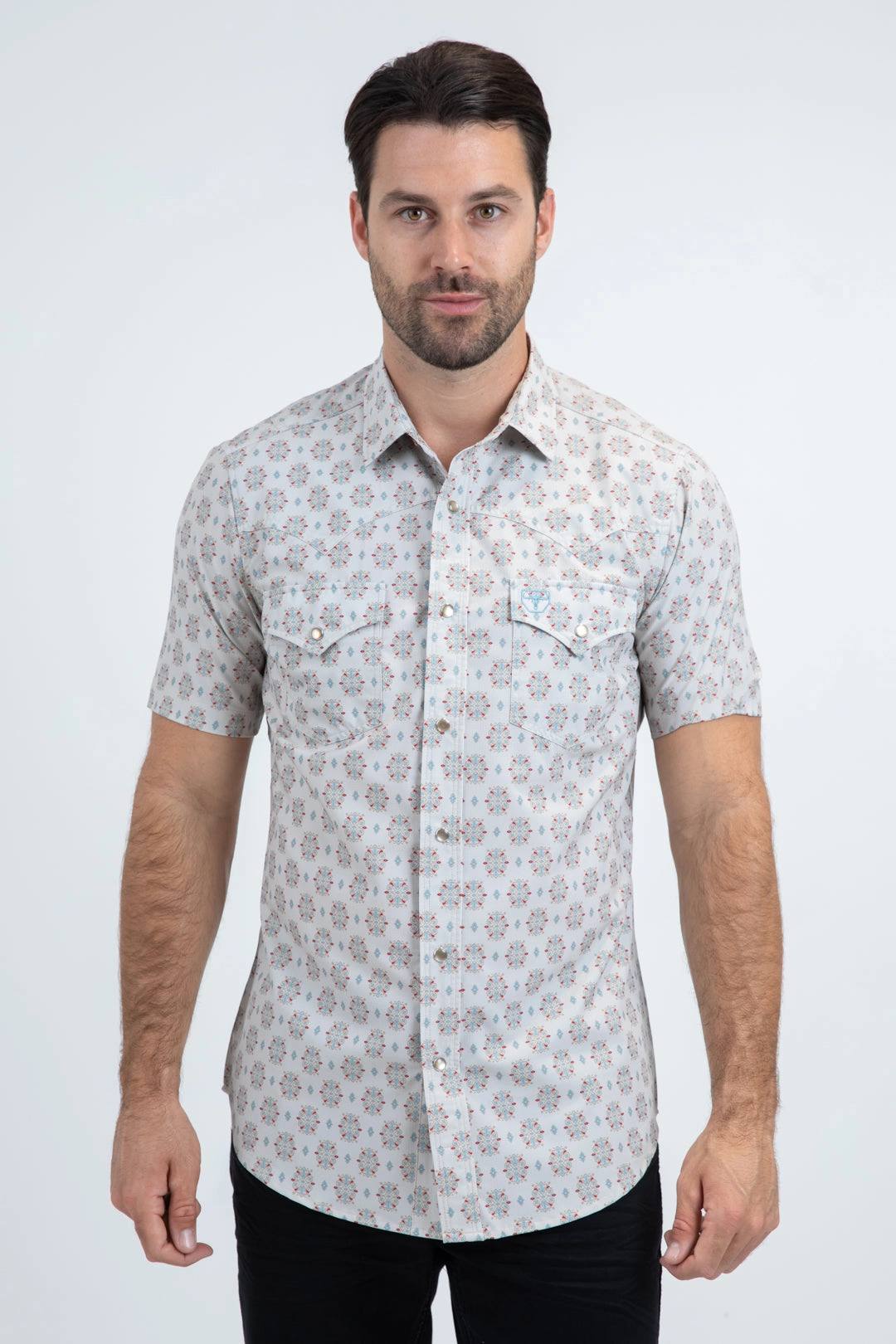 Men's Performance Western Short Sleeve Beige Shirt Minimalist Aesthetic Two Tone Stitching