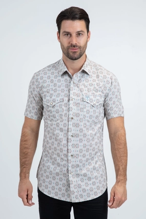 Men's Performance Western Short Sleeve Beige Shirt Minimalist Aesthetic Two Tone Stitching