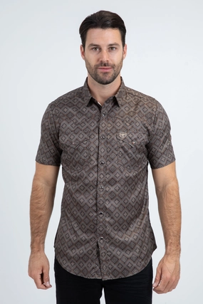 Men's Performance Western Short Sleeve Brown Shirt V-neck style Bold Hue