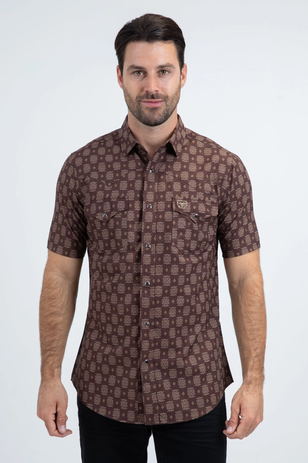 Men's Performance Western Short Sleeve Brown Shirt Modern Appeal Multi Layer Stitching