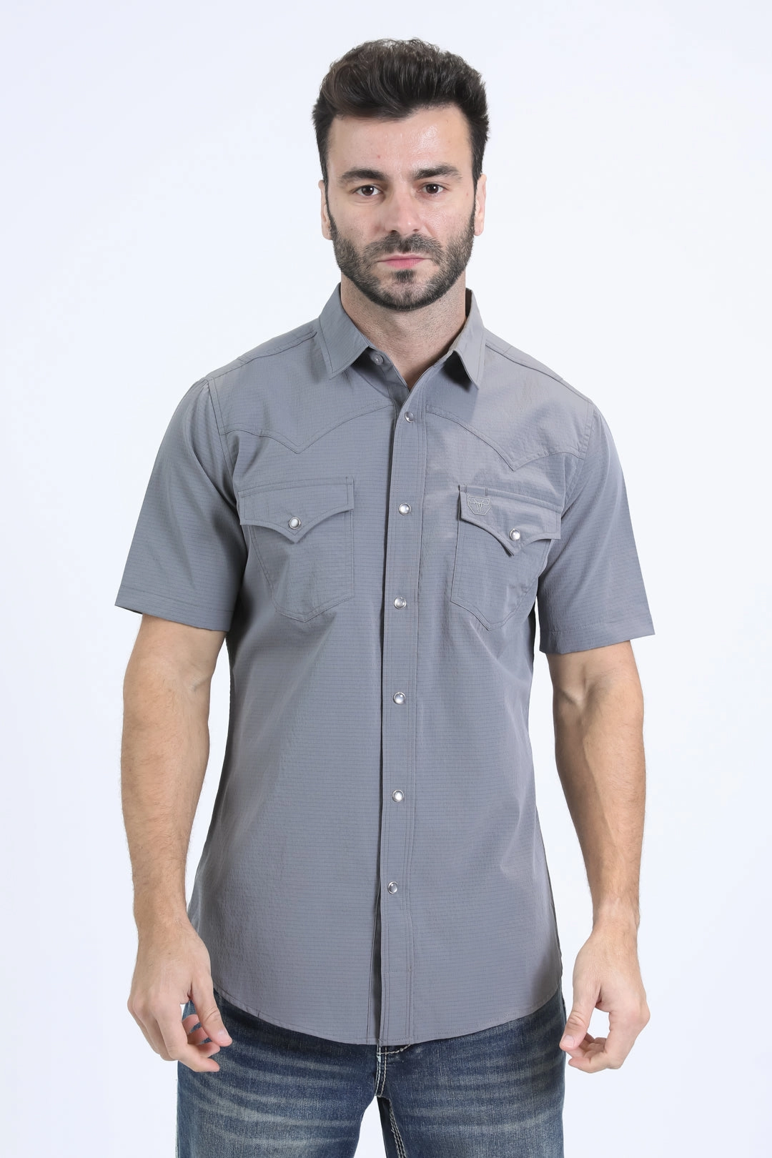 Men's Performance Western Short Sleeve Grey Shirt Fashion Forward Geometric Pattern