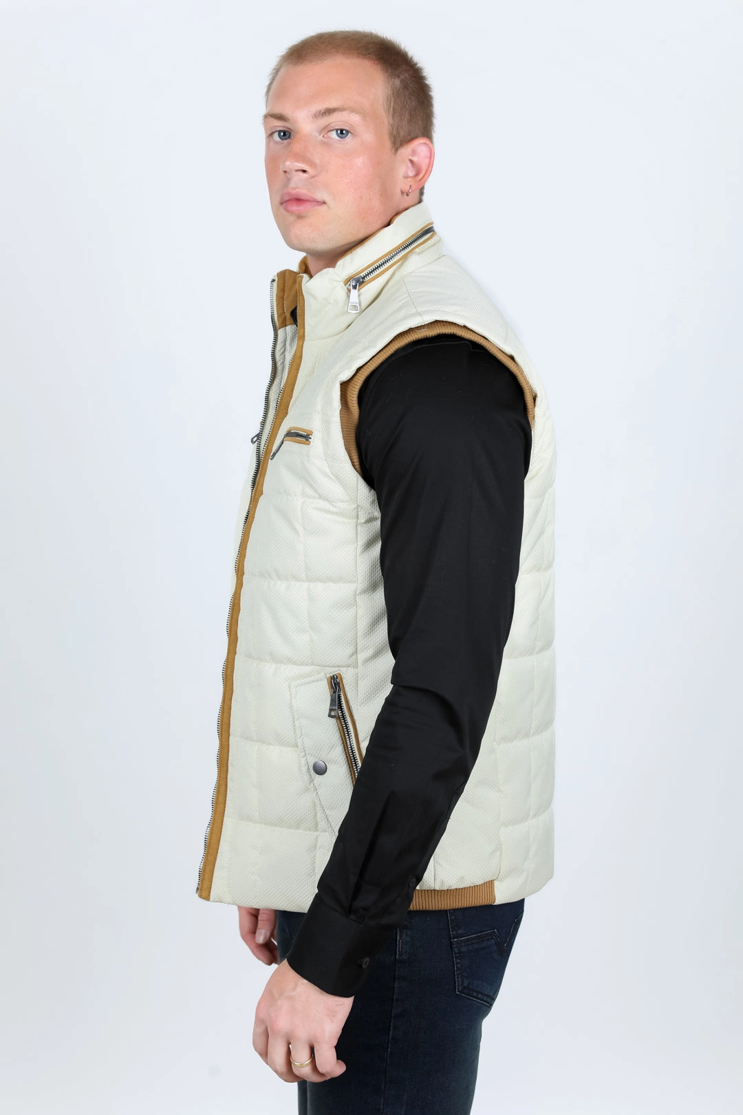 Noise Free Material Men's Quilted Fur Lined Vest - Beige