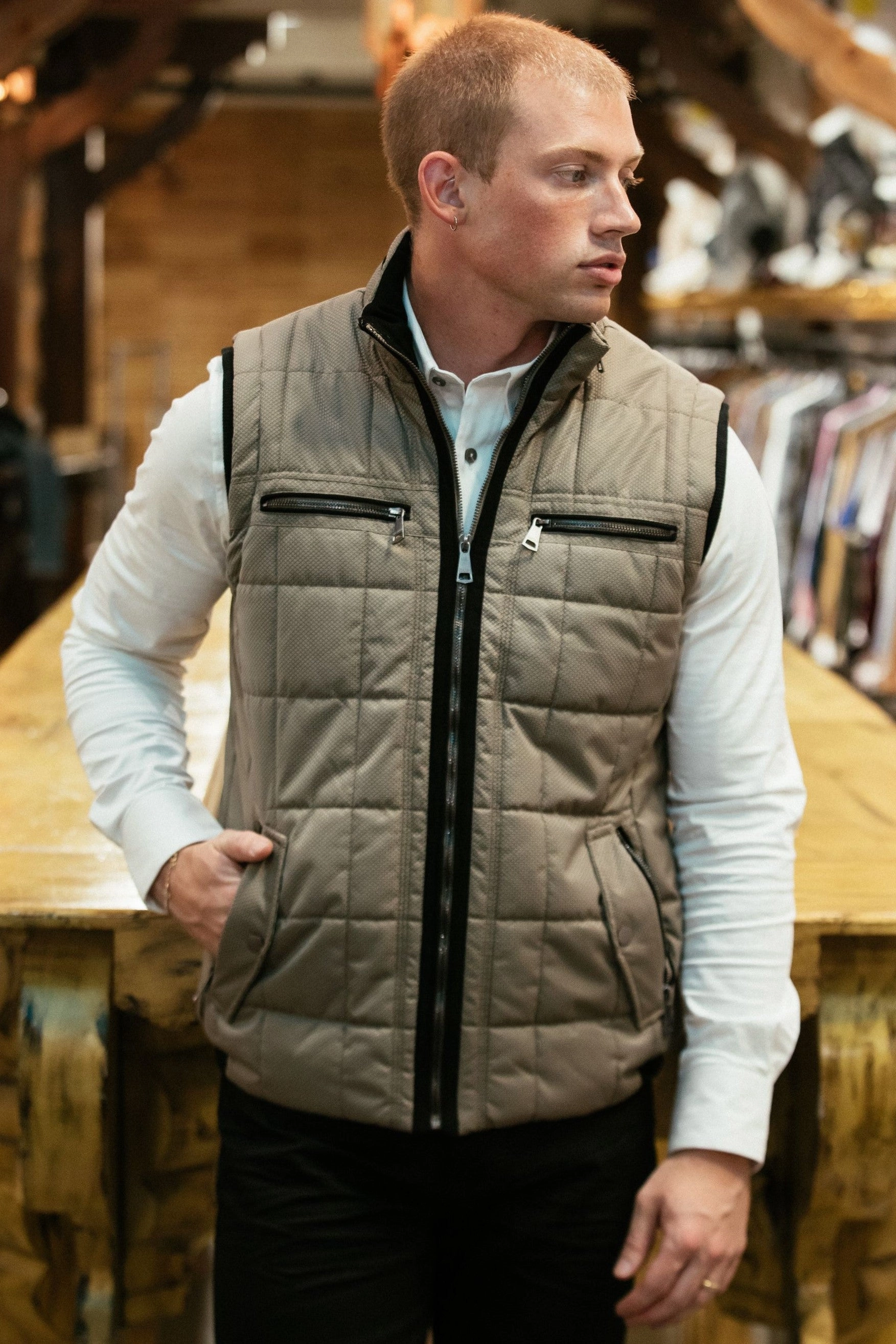 Laser Cut Vents Casual Outdoor Look Men's Quilted Fur Lined Vest - Mocha