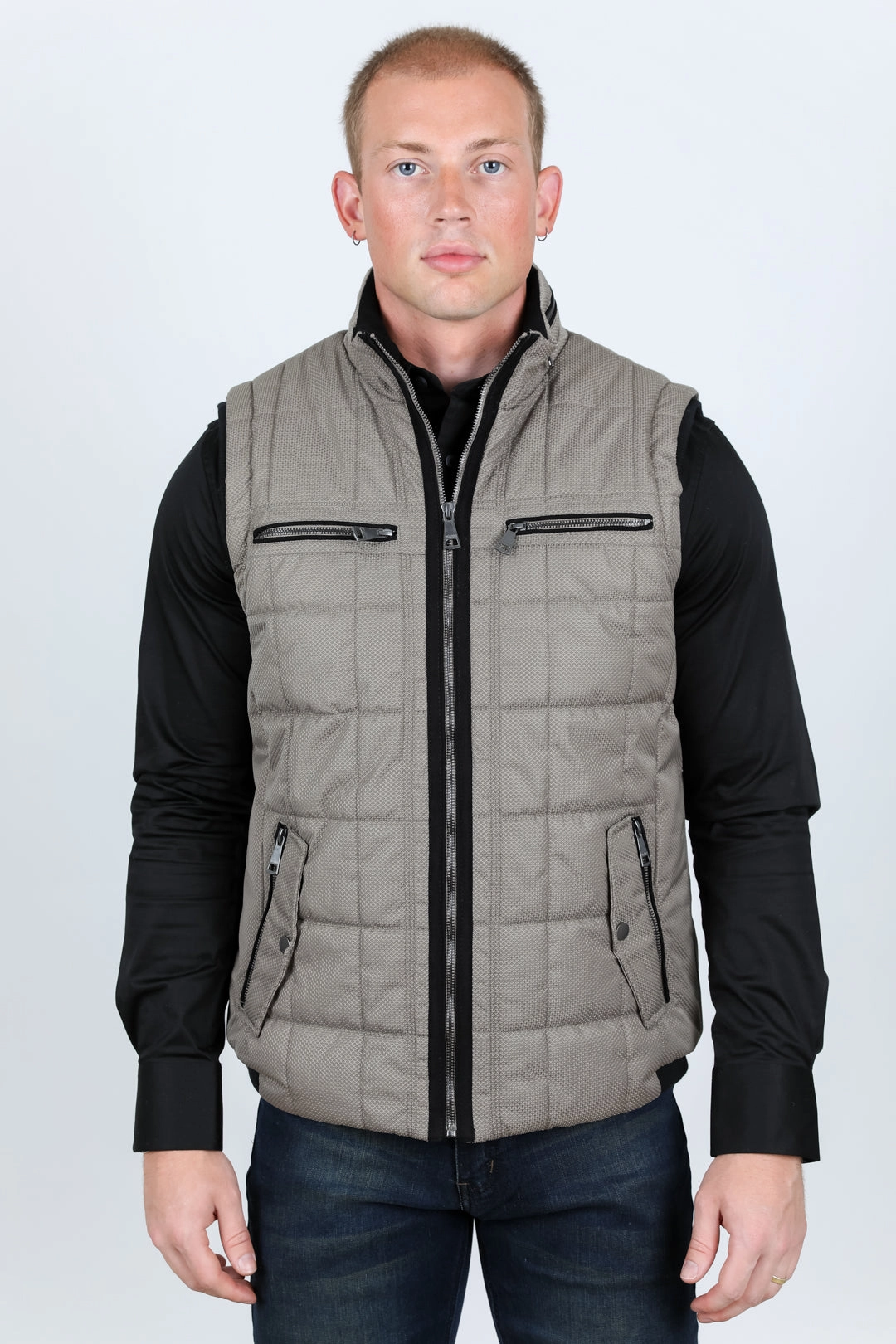 Men's Quilted Fur Lined Vest - Mocha Pocket Details
