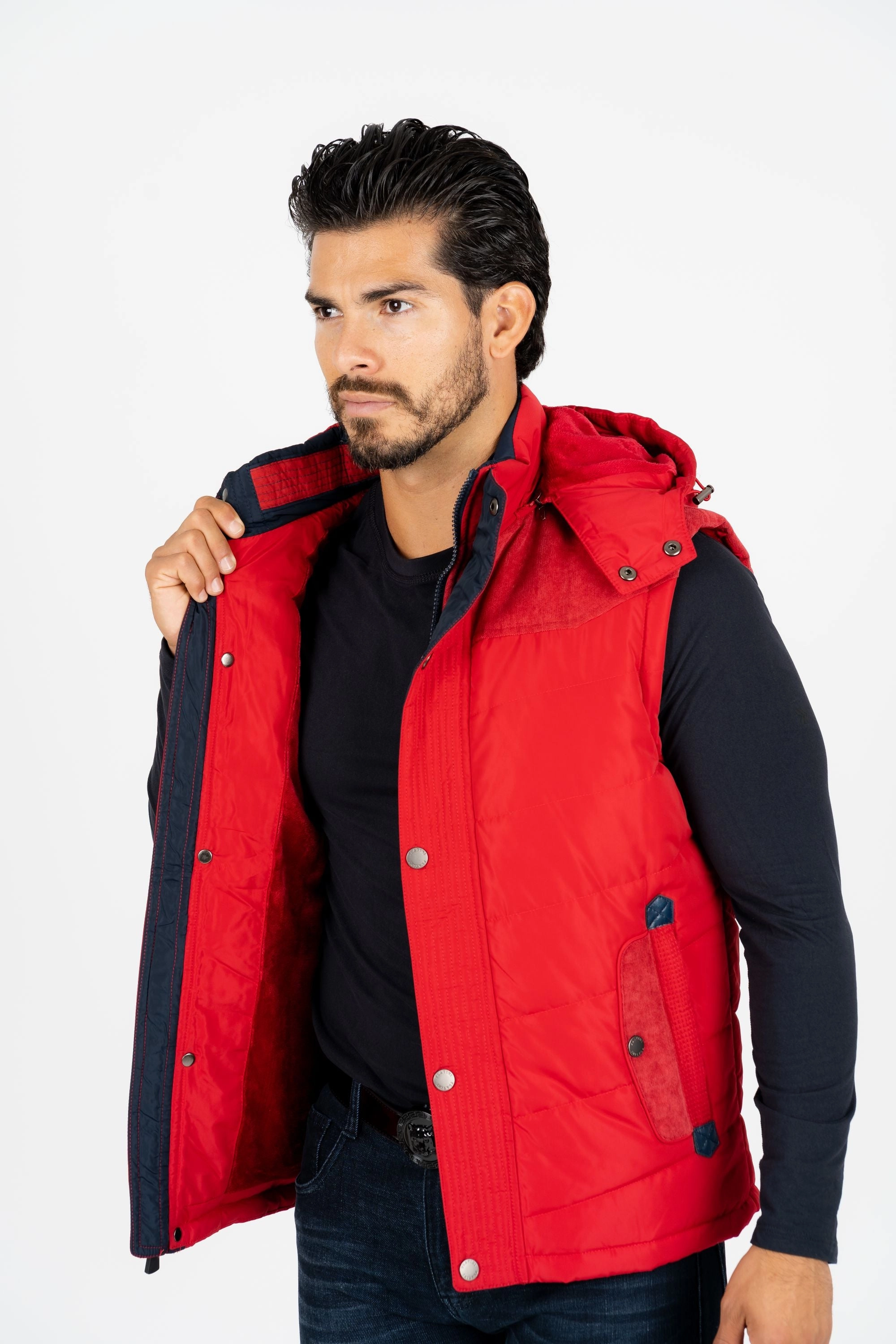 Men's Red Padded Hooded Vest w/ Faux Fur Lining Transitional City Fit QuickAccessPockets
